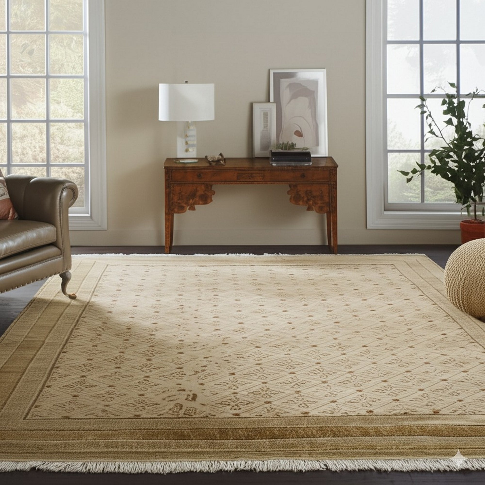 Trendy Handcrafted Beige Hand Knotted Wool Rug