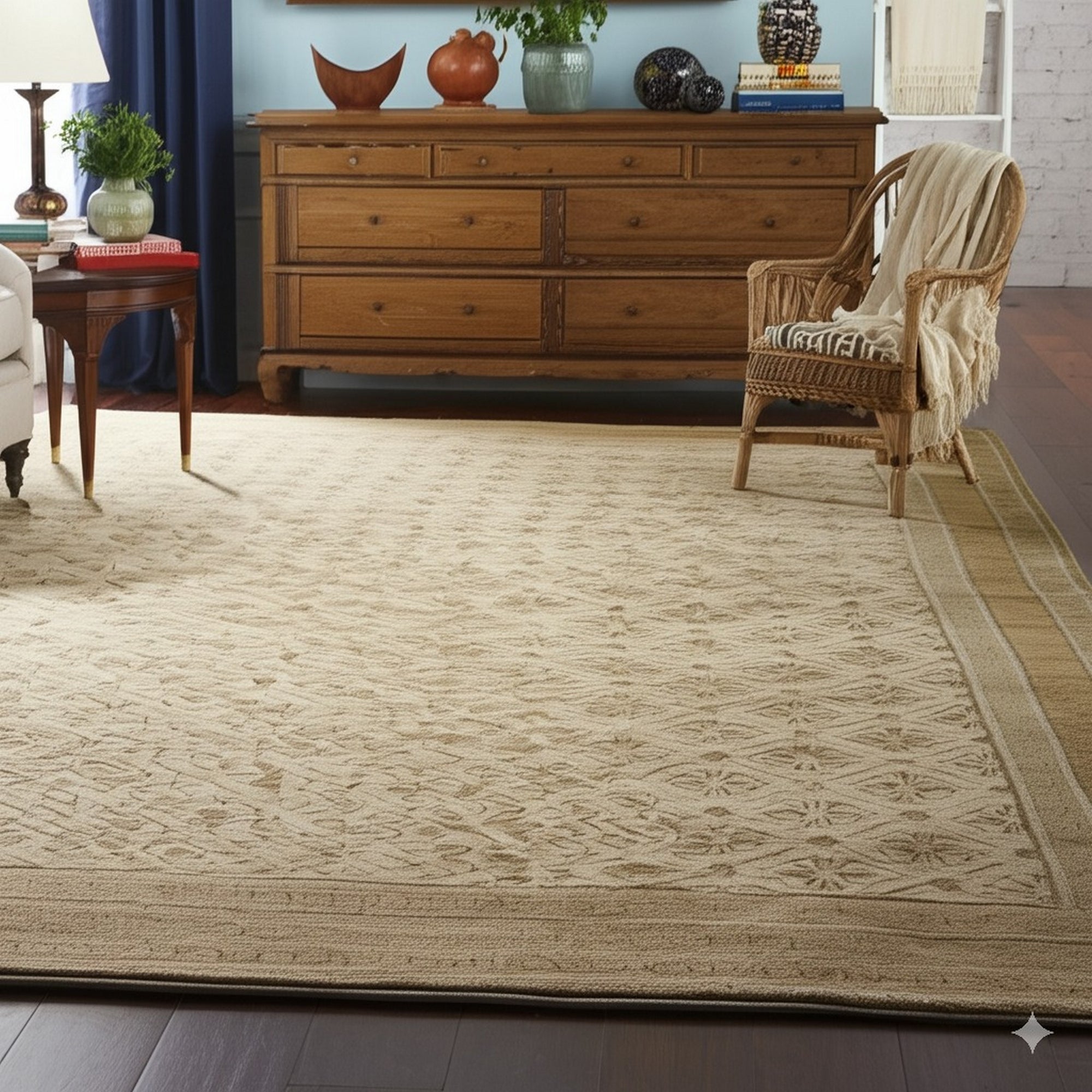 Trendy Handcrafted Beige Hand Knotted Wool Rug