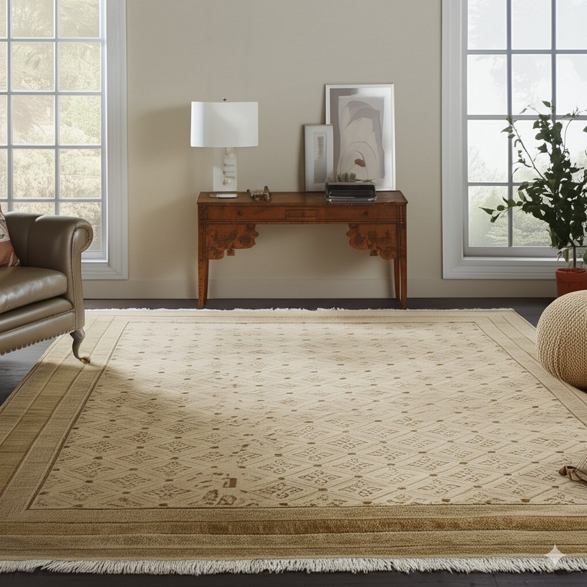 Trendy Handcrafted Beige Hand Knotted Wool Rug