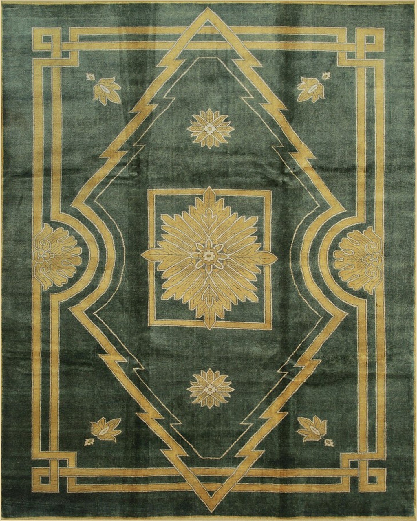 Isolated view of Sloane Louie Green Hand Knotted Wool Rug, showcasing its design.