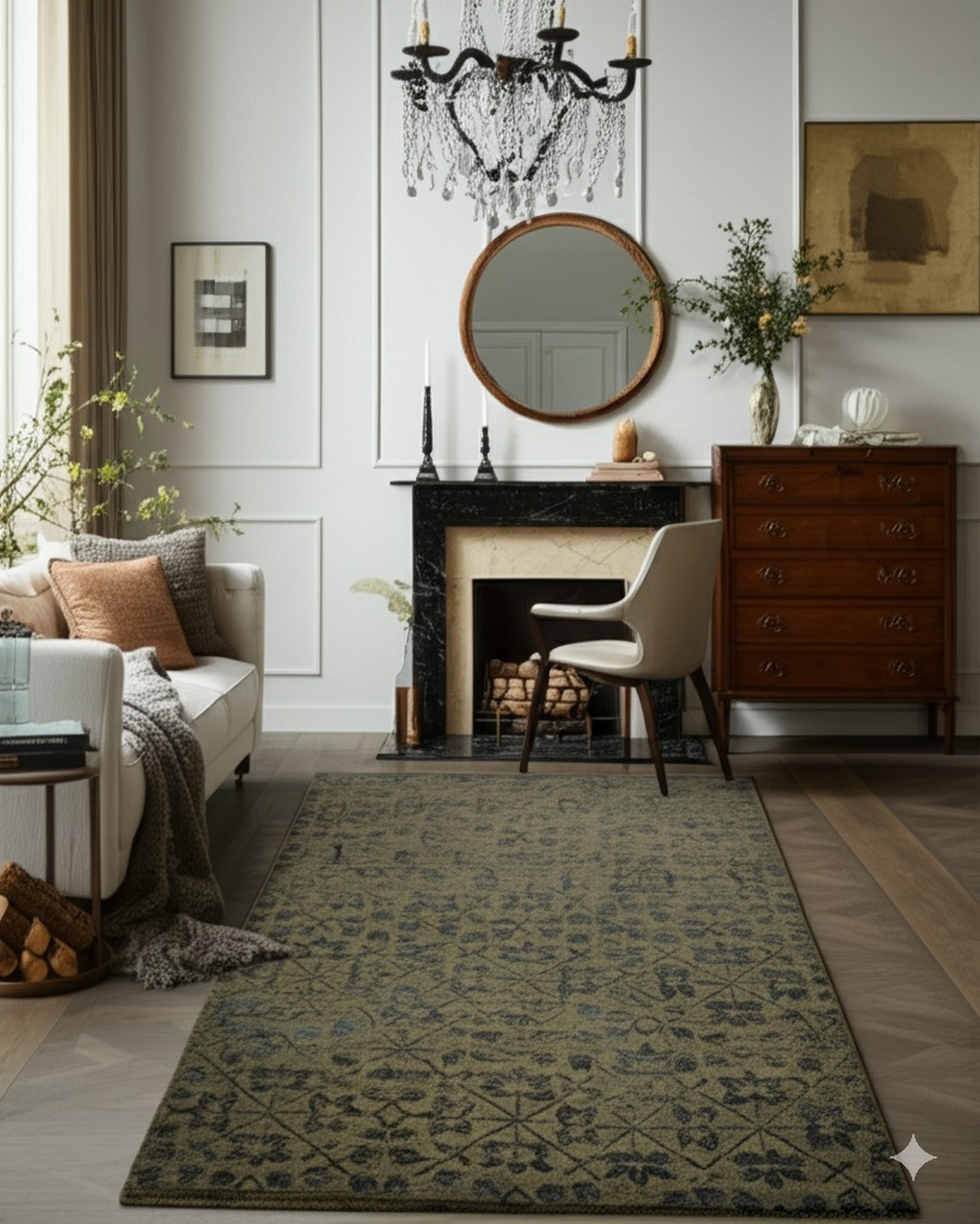 Unique Cozy Green Hand Knotted Wool Rug