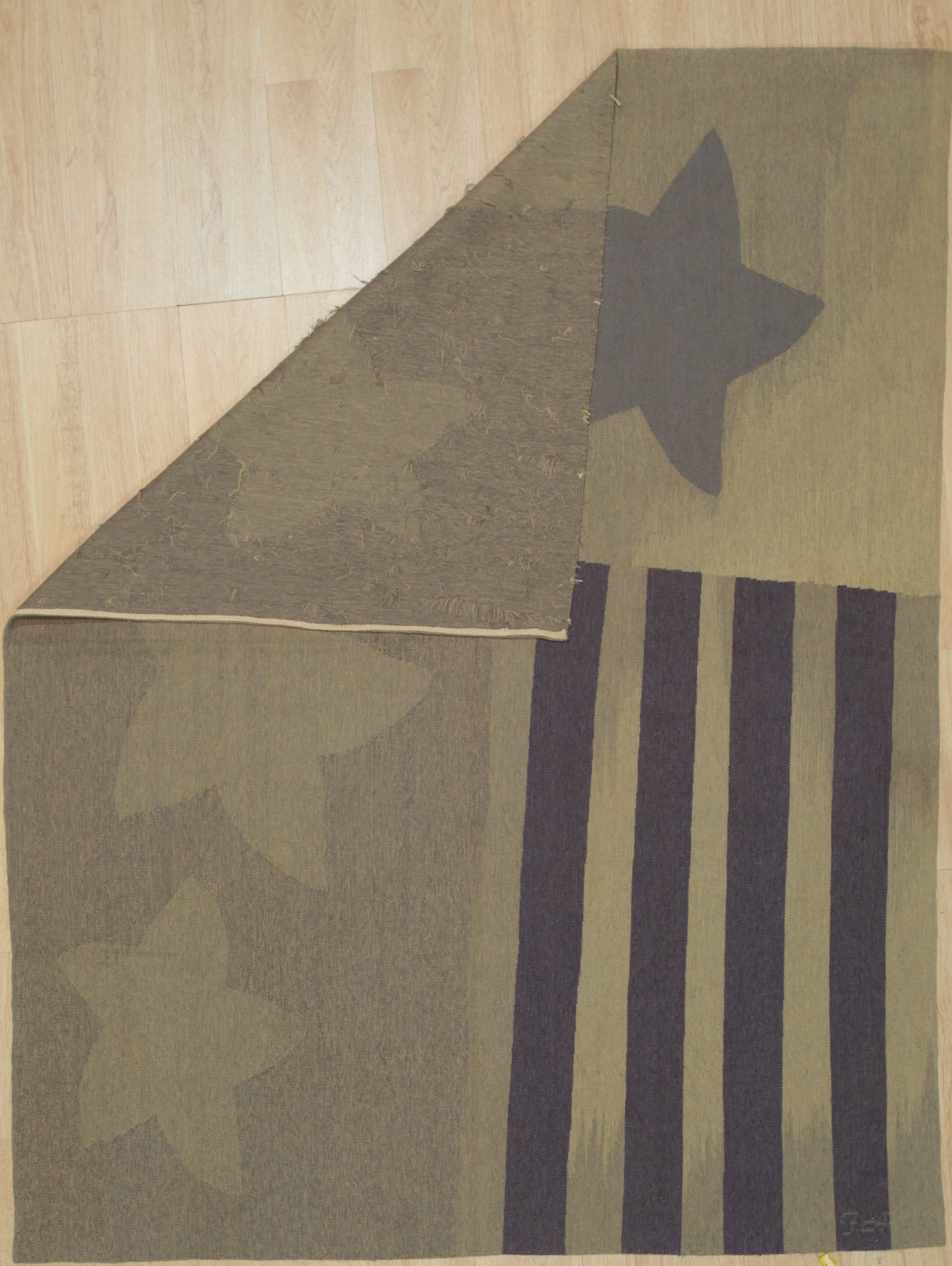 Warm Ophelia Green Flatweave Wool Rug, displaying a subtle geometric pattern in muted greens and creams on a textured flatweave wool surface, complements a minimalist living room setting with a light wood floor.