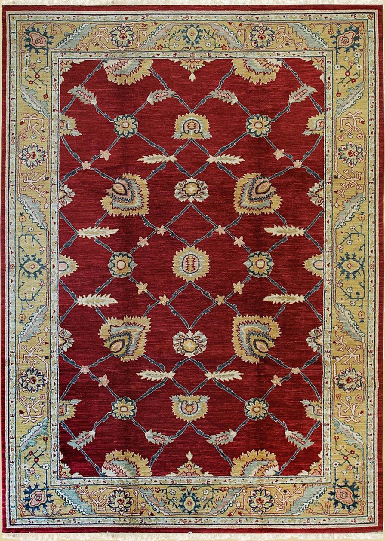 Enchanting Oushak Red Hand Knotted Wool Rug, showcasing its intricate, ornate floral design in rich reds and earthy neutrals against a subtly textured background.