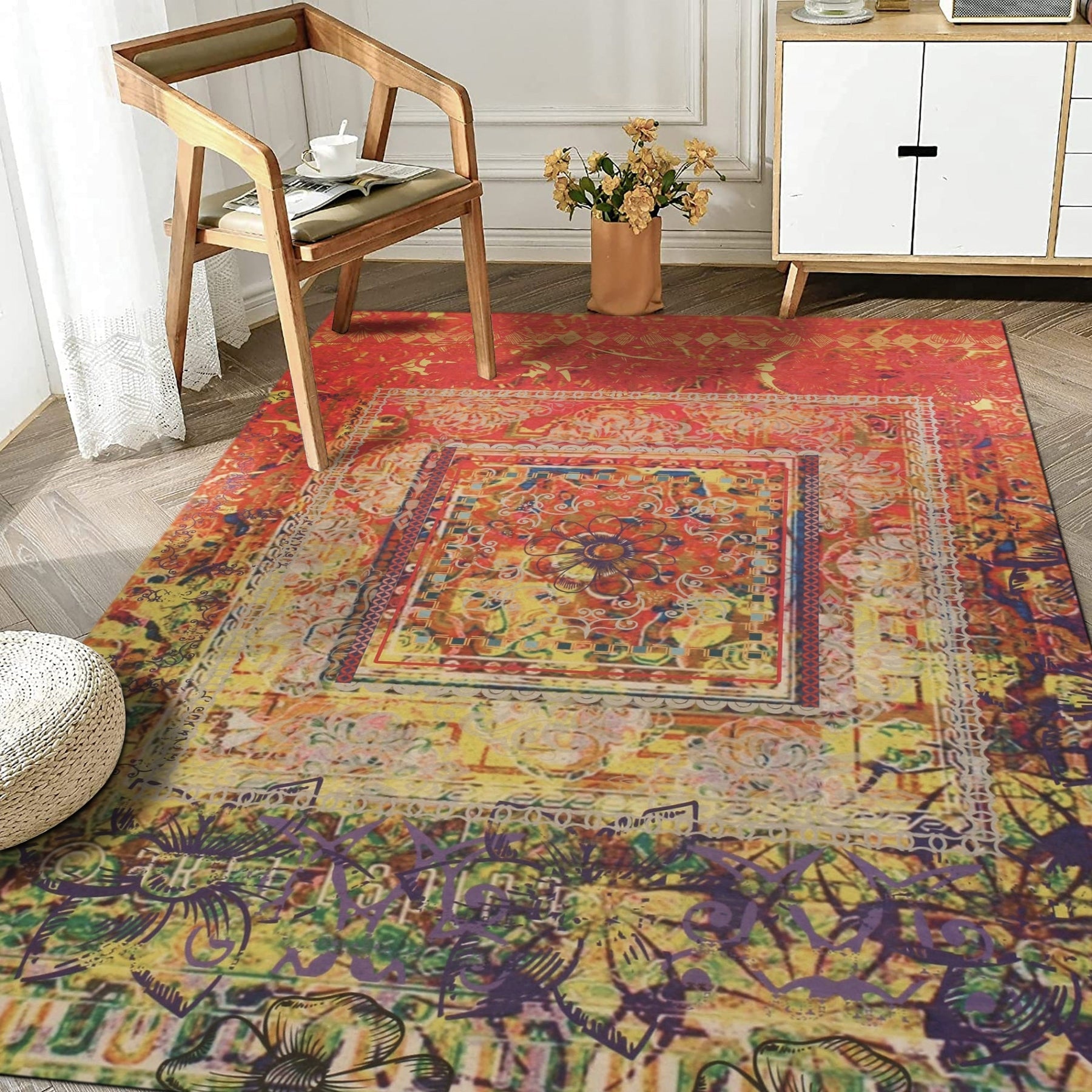 Xena Artistic Multicolor Machine Made Rug, vibrant blend of blues, oranges, greens, and purples creates an abstract art piece underfoot in a modern living room setting.