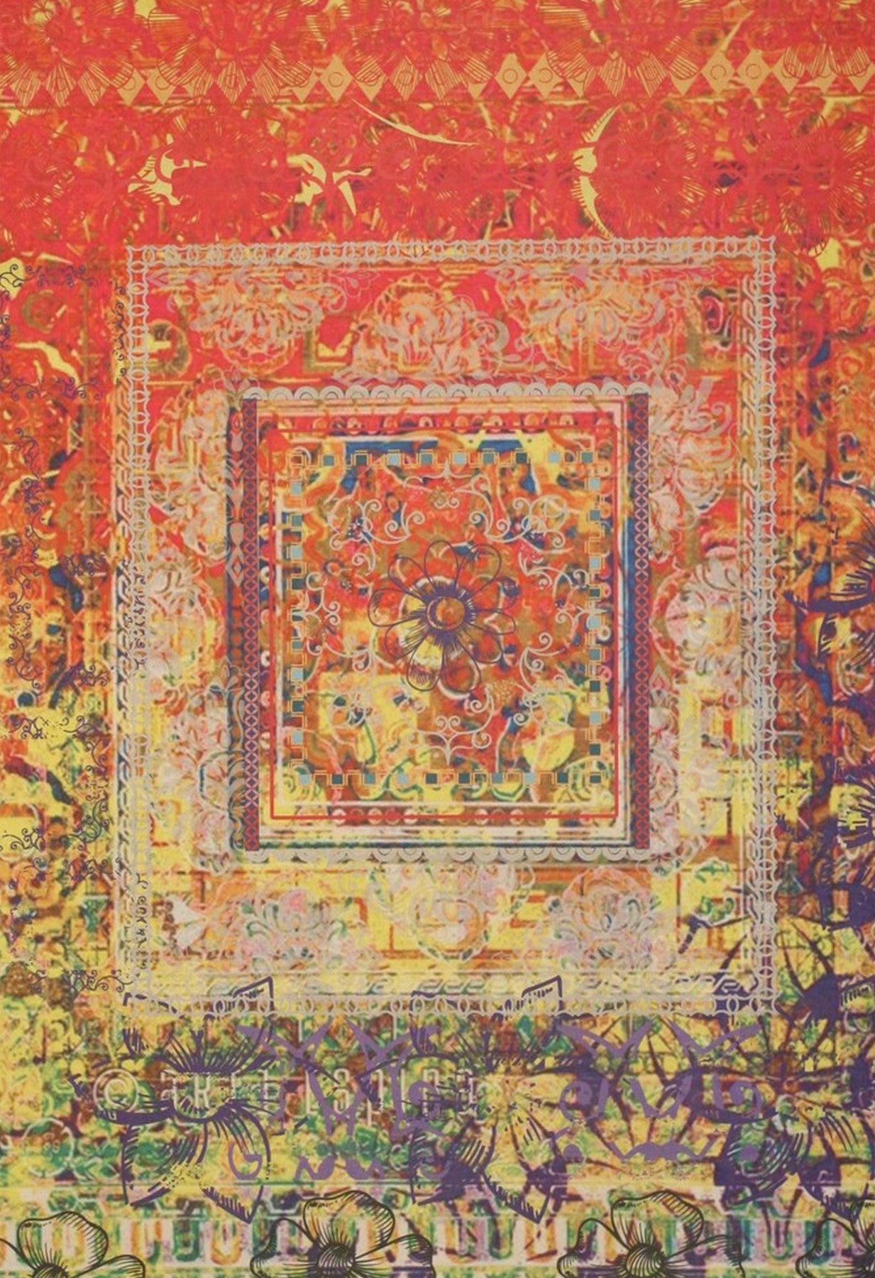 Isolated view of Xena Artistic Multicolor Machine Made Rug, showcasing its vibrant abstract design with splashes of blue, orange, yellow, and grey.