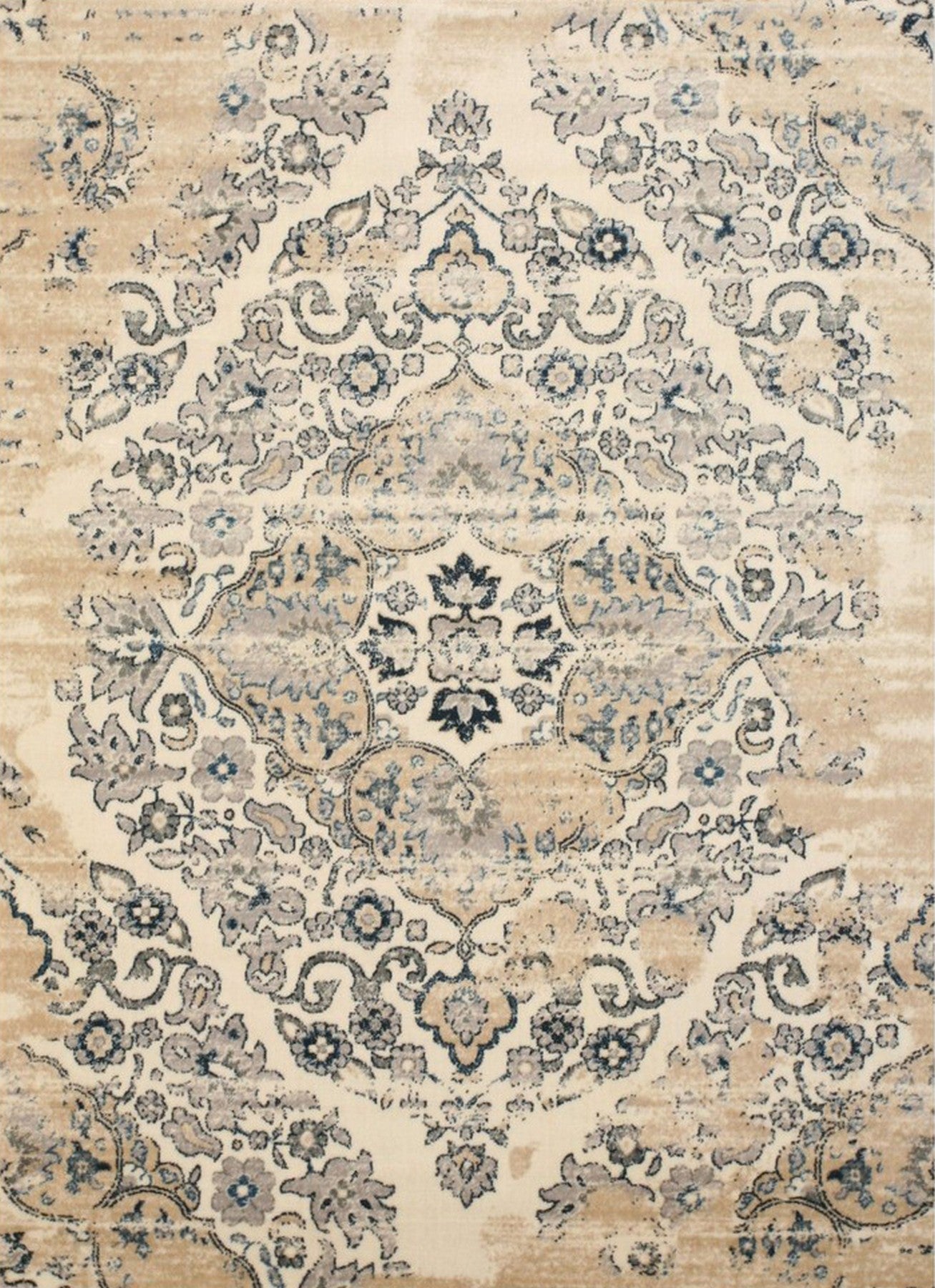 Isolated view of Iris Mira Ivory Machine Made Rug, showcasing its intricate, swirling floral and geometric design in soft ivory tones.