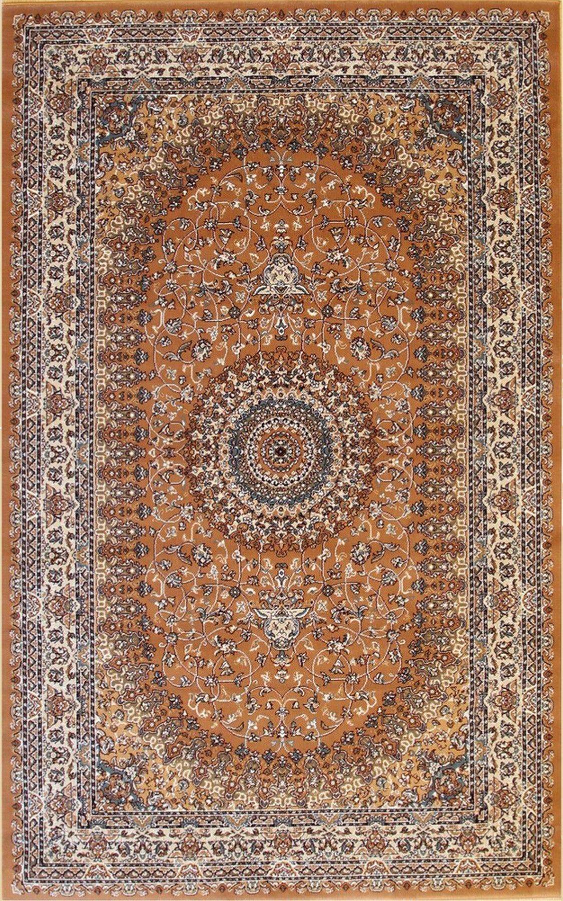 Isolated view of Iris Opulent Rust Machine Made Rug, showcasing its opulent, swirling floral design in rich rust tones.