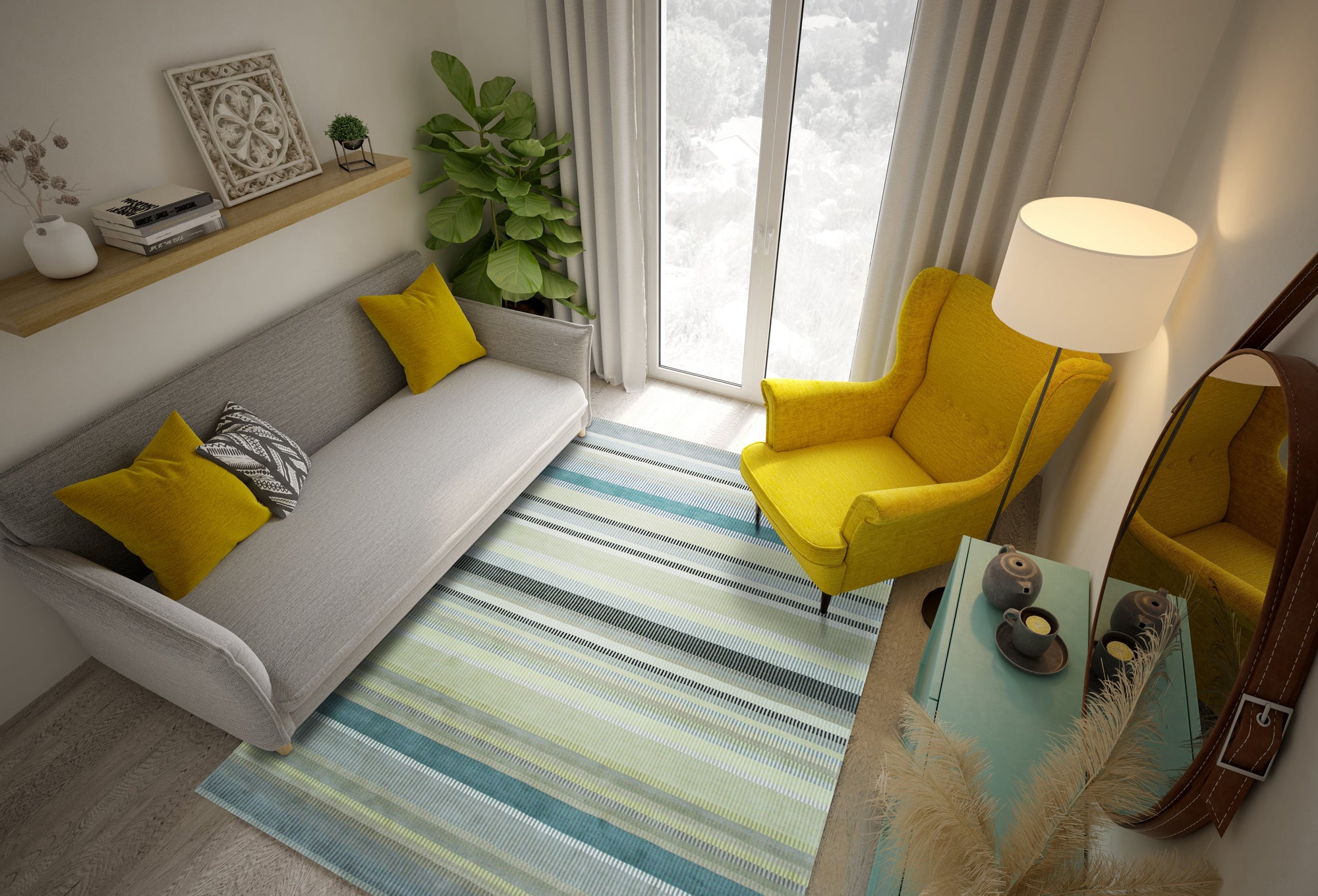 Zinnia Striped Green Handmade Wool Rug laid on light hardwood flooring, showcasing its vibrant green and off-white striped pattern. Handcrafted texture visible in the wool weave.