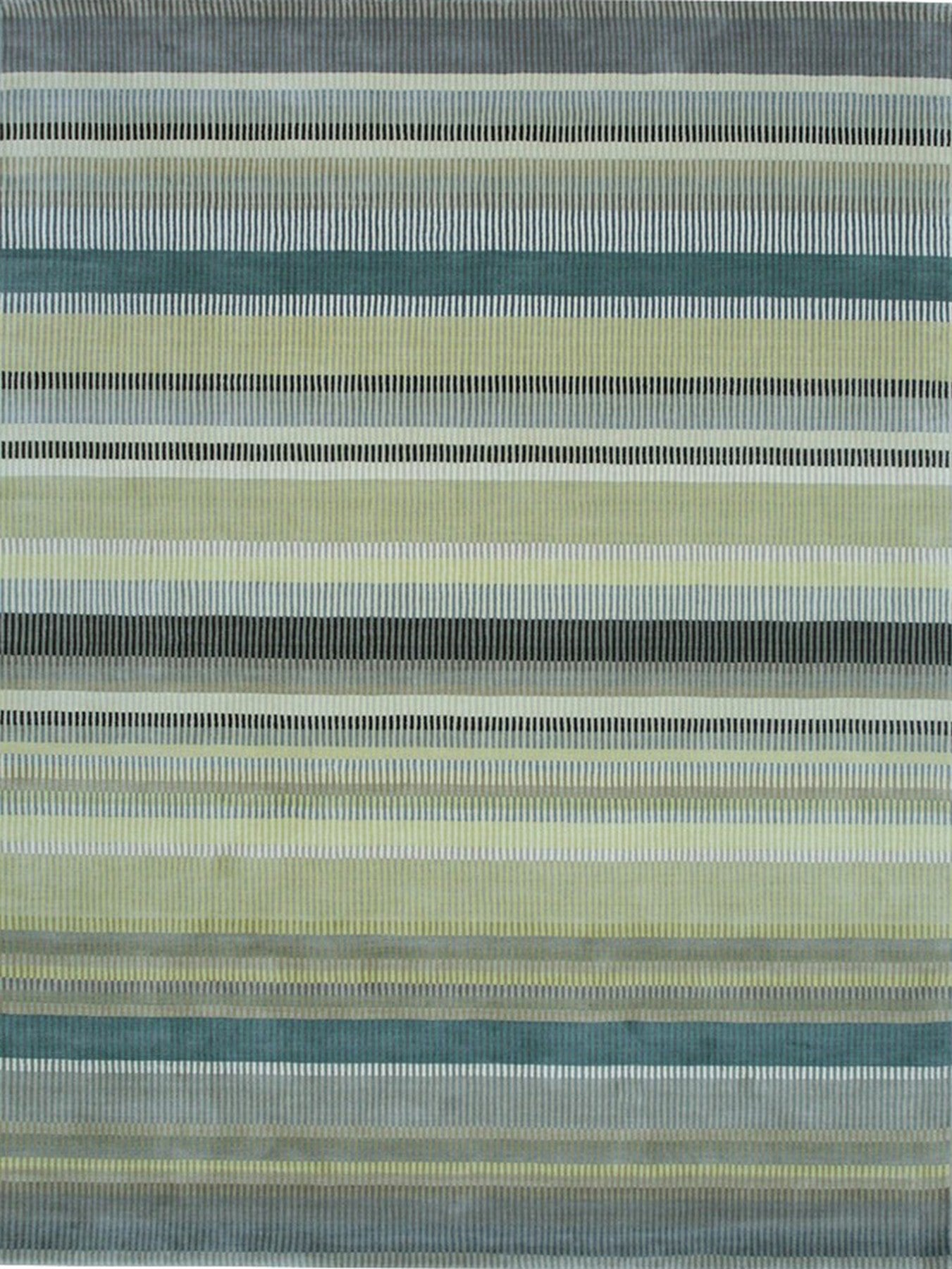Zinnia Striped Green Handmade Wool Rug, showcasing its design with vibrant green stripes alternating with natural wool tones.