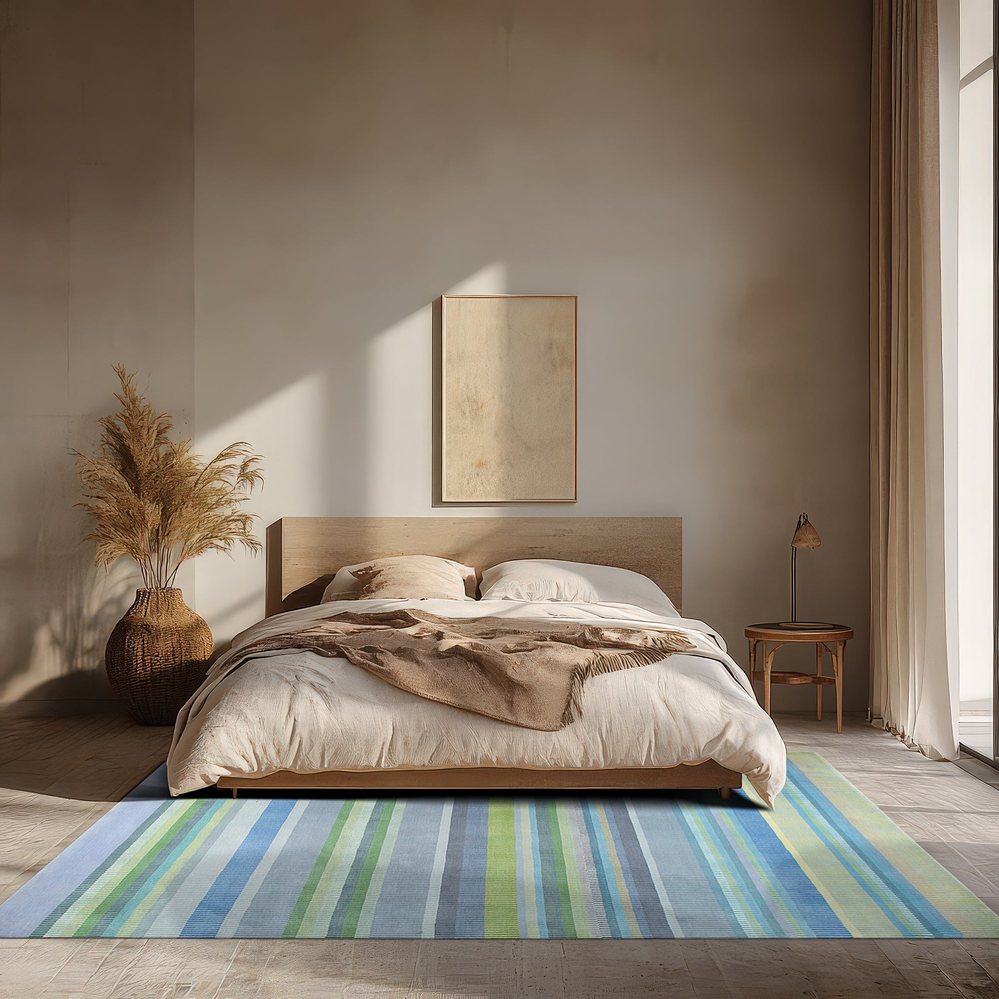 Serene Xena Green Handmade Wool Rug, its lush green hues and textured wool construction lending a calming presence to a warmly lit living space, complementing the neutral sofa and hardwood floor.