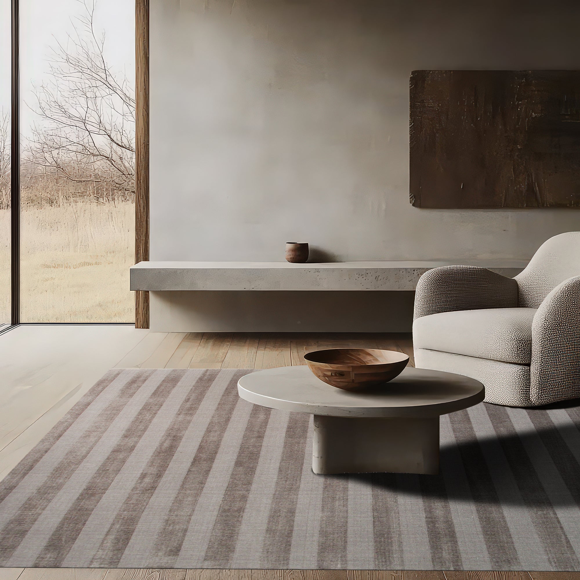 Yara Alluring Brown Handmade Wool Rug, a textured expanse of warm browns and creams under soft lighting, inviting touch. Its intricate, possibly hand-knotted, weave displays subtle pattern variations and a rich depth of color.