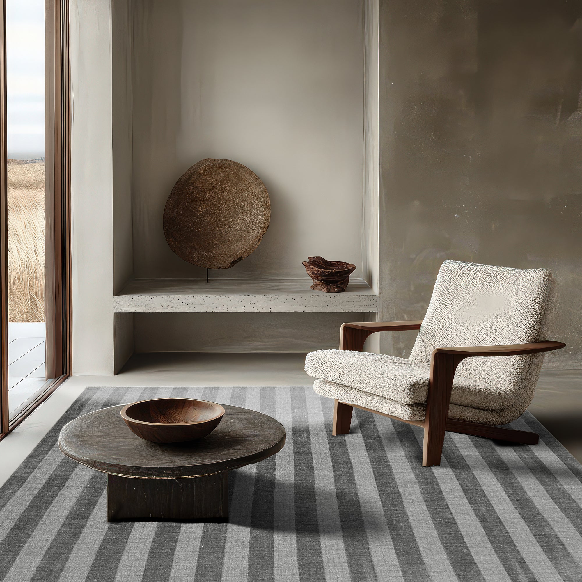Yara Alluring Gray Handmade Wool Rug, a soft gray wool rug with subtle texture, displayed within a bright and airy living space.