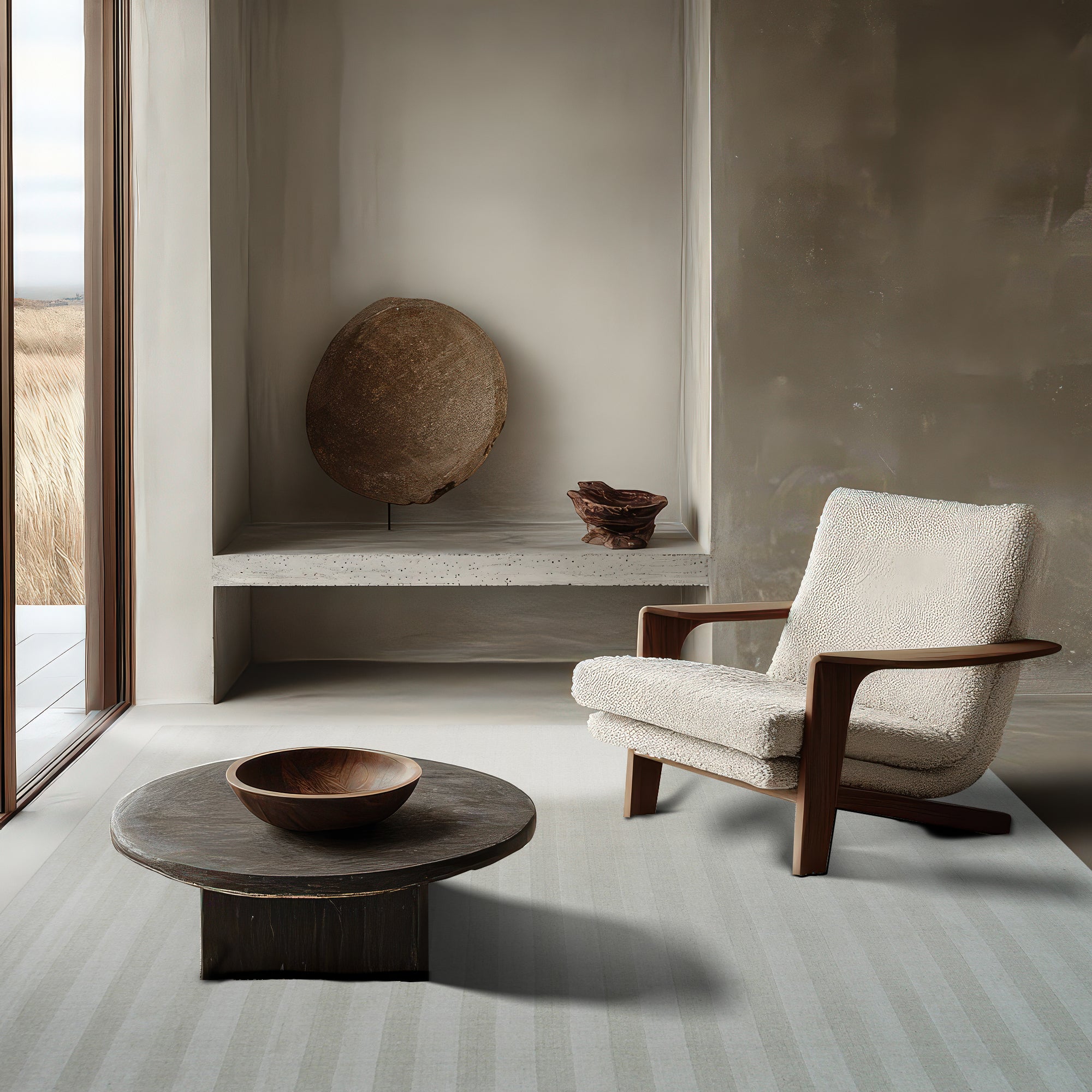 Yara Alluring Black & White Handmade Wool Rug, a graphic study in monochrome; its woven wool pile features a dynamic, contrasting design element in a bright interior setting.