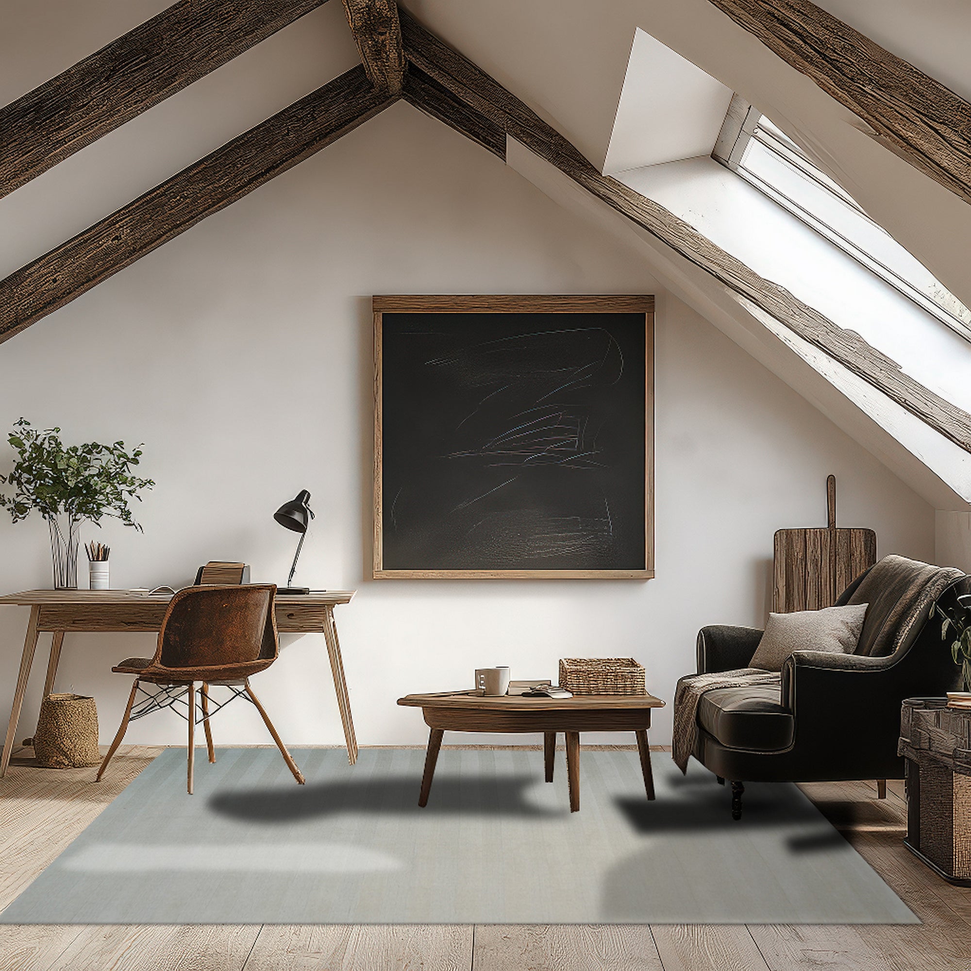 Yara Alluring Black & White Handmade Wool Rug, a striking geometric pattern in contrasting black and white, covering a light hardwood floor, inviting depth and texture into the space.
