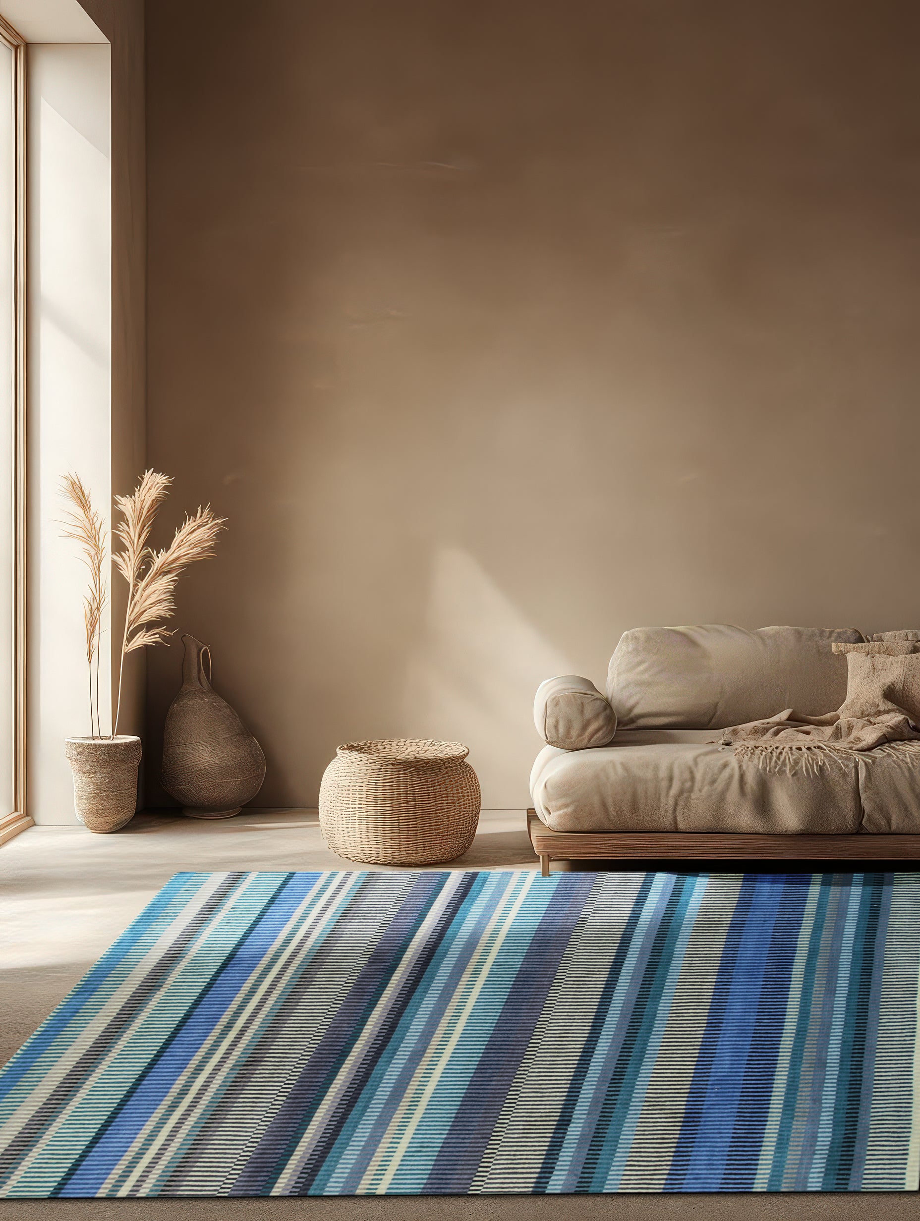 Louie Ophelia Ocean Blue Handmade Wool Rug displayed on a light wood floor, its intricate pattern and varying shades of blue creating a soothing ocean-inspired ambiance in a room setting.