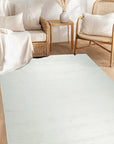 Willow Sarrah Ivory Handmade Wool Rug, its soft ivory tones and subtle pattern subtly enhance a warmly lit living room setting with dark hardwood floors.