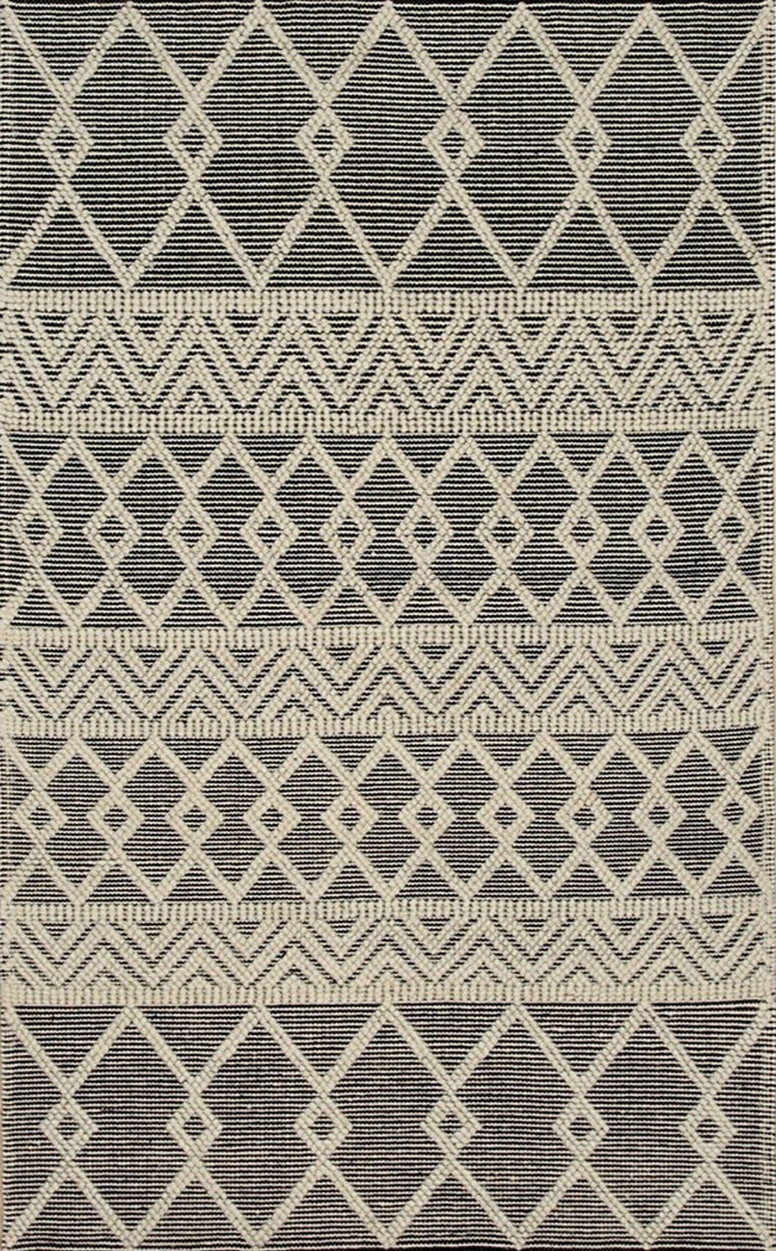 Isolated view of Modern Kilim Black Handmade Wool Rug, showcasing its geometric design of contrasting dark and light tones.