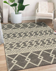 Modern Kilim Black Handmade Wool Rug, textured black wool rug with geometric kilim patterns, anchoring a minimalist living room with light wood floors and neutral furniture.