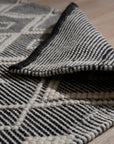 Luna Kilim Black Handmade Wool Rug, showcases intricate geometric patterns in contrasting shades, its textured wool weave lending depth to the floor.