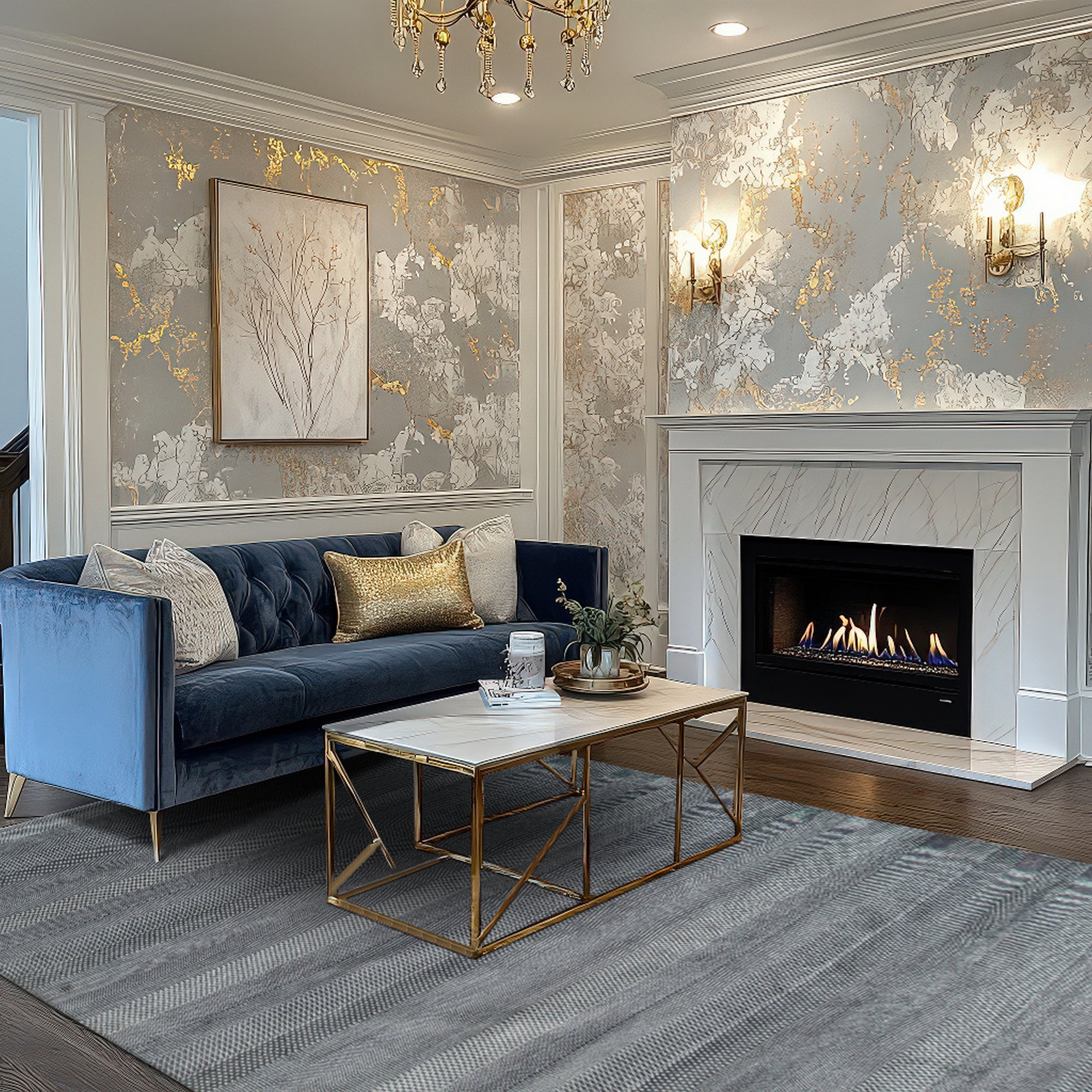 Graceful Comfortable Blue Hand Knotted Wool & Viscose Rug, its cool blue tones and intricate hand-knotted design adding elegance and comfort to a bright, modern living space.