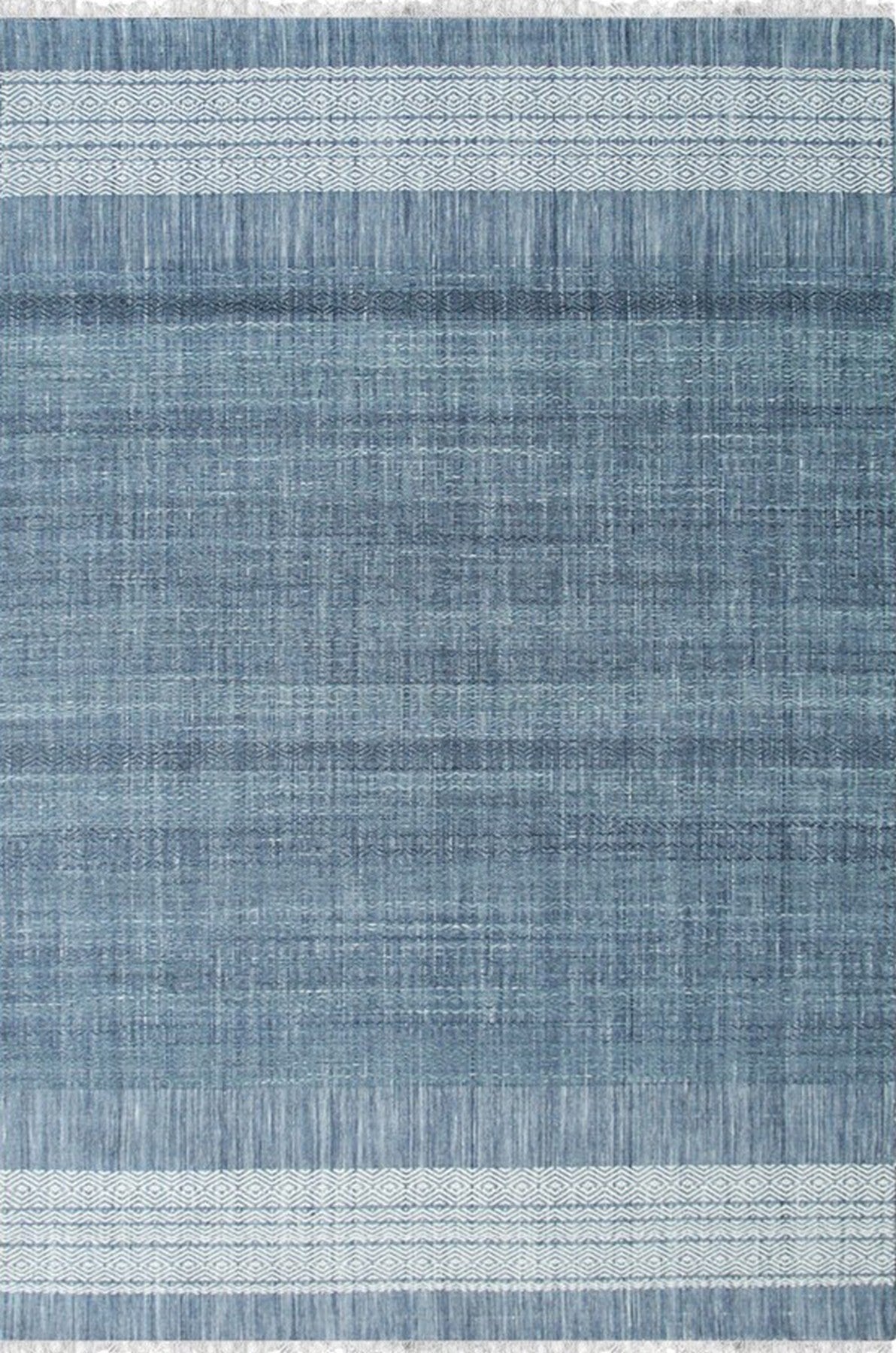 Isolated view of Delicate Elena Blue Flatweave Wool Rug, showcasing its intricate geometric pattern in shades of blue on a neutral background.