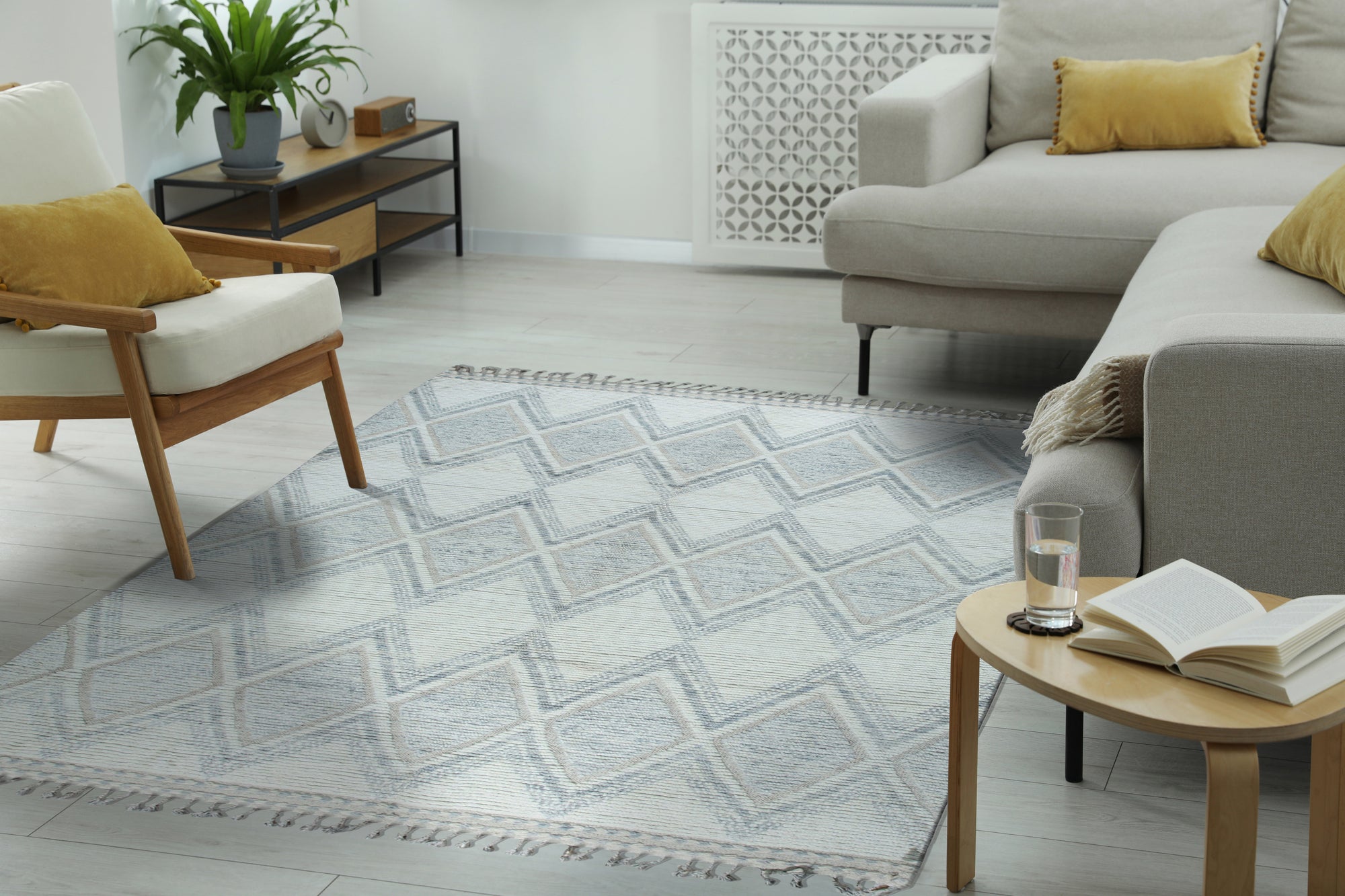 Elegant Marrakech Beige Hand-Knotted Wool Rug, a beige wool rug with a traditional Moroccan design, displayed in a well-lit living room setting with neutral furniture.