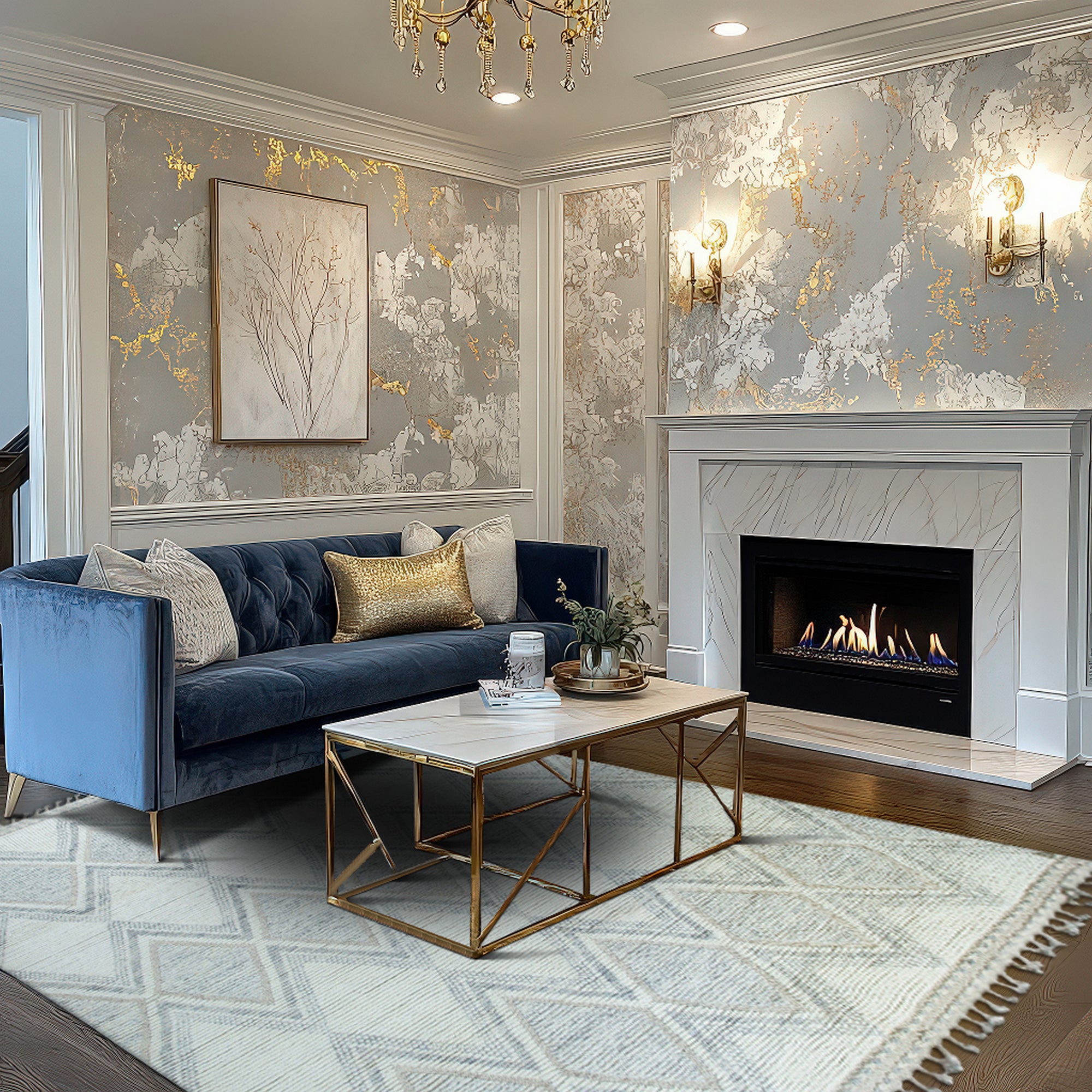 Elegant Marrakech Beige Hand-Knotted Wool Rug, with intricate geometric patterns in warm beige tones, grounding a living room arrangement featuring a cream sofa and dark wood coffee table.