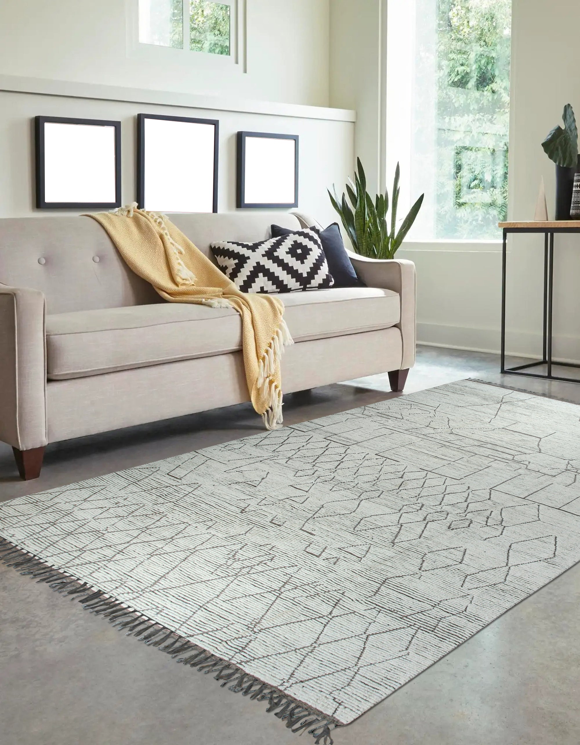 Vintage Marrakech Beige Hand-Knotted Wool Rug, showcasing intricate geometric patterns in warm beige tones, elegantly displayed in a modern living space.
