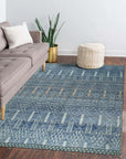 Timeless Marrakech Blue Hand-Knotted Wool Rug, a rich blue wool rug with a geometric Moroccan-inspired design, displayed on a light hardwood floor.
