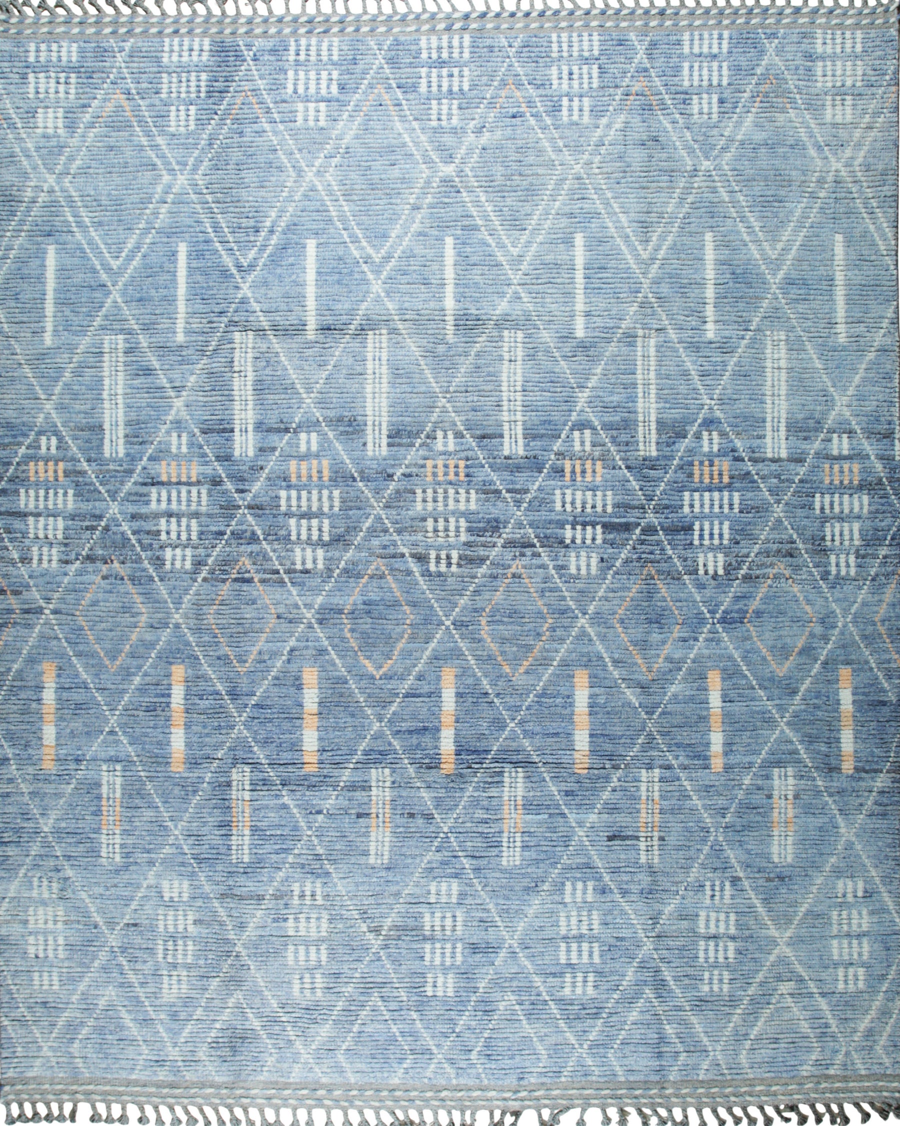 Isolated view of Graceful Marrakech Blue Hand-Knotted Wool Rug, showcasing its intricate geometric pattern and soft, textured pile.