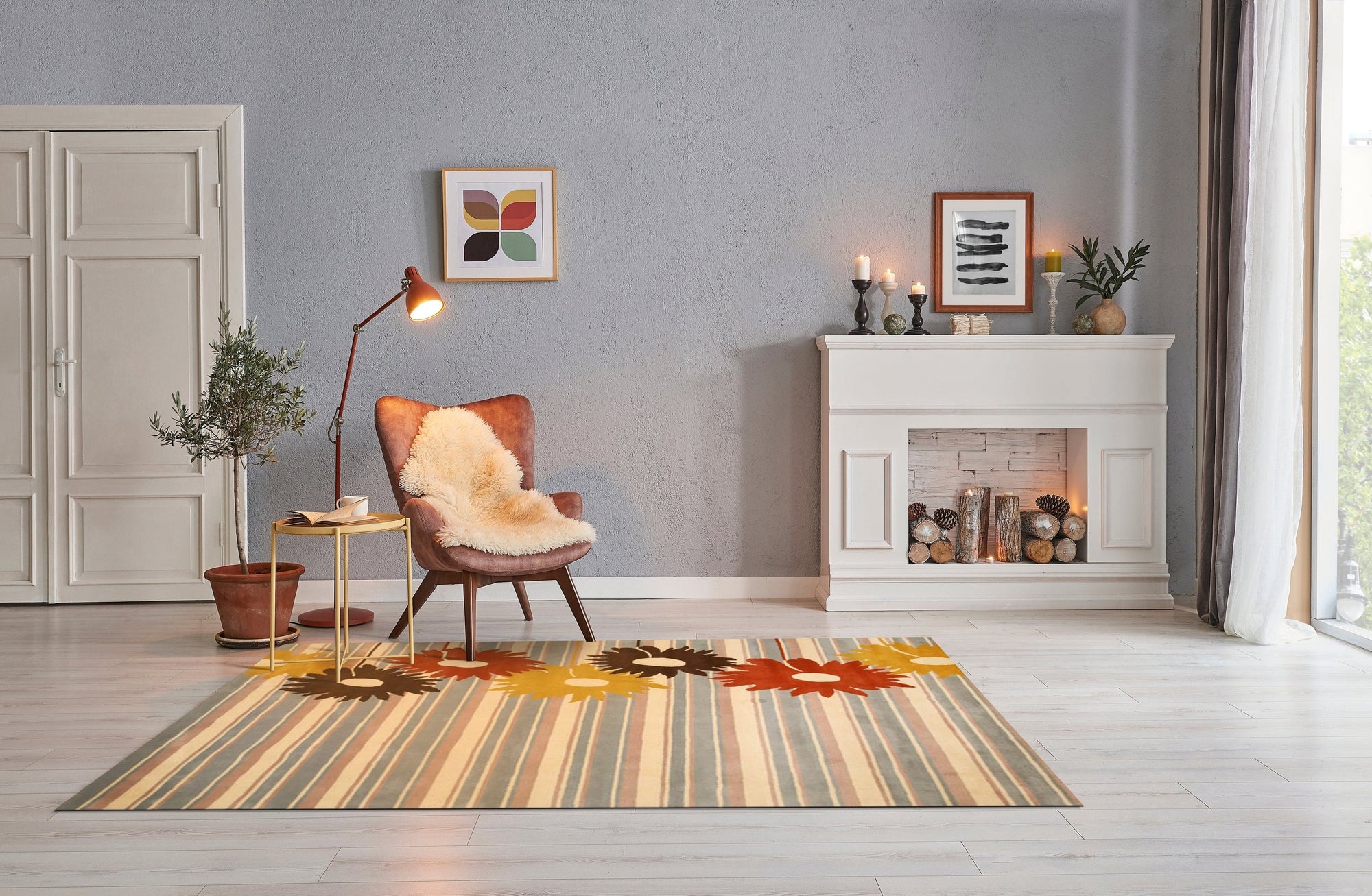 Artistic Maya Multicolor Hand Tufted Wool Rug in a bright, modern living room; its vibrant geometric patterns and soft wool texture add warmth and character to the space.