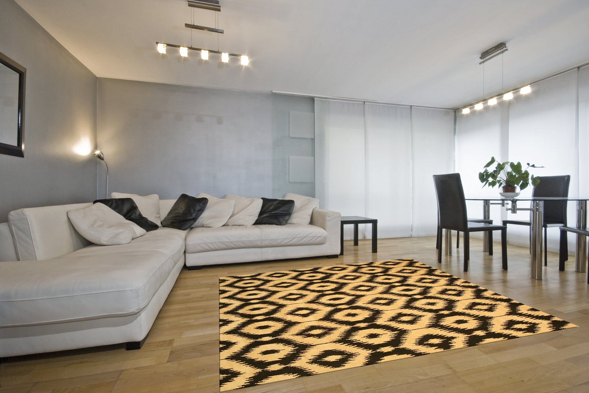 Classic Stylish Black Hand Tufted Wool Rug, showcasing its rich, deep black tone and textured hand-tufted wool construction in a bright, modern living room setting.