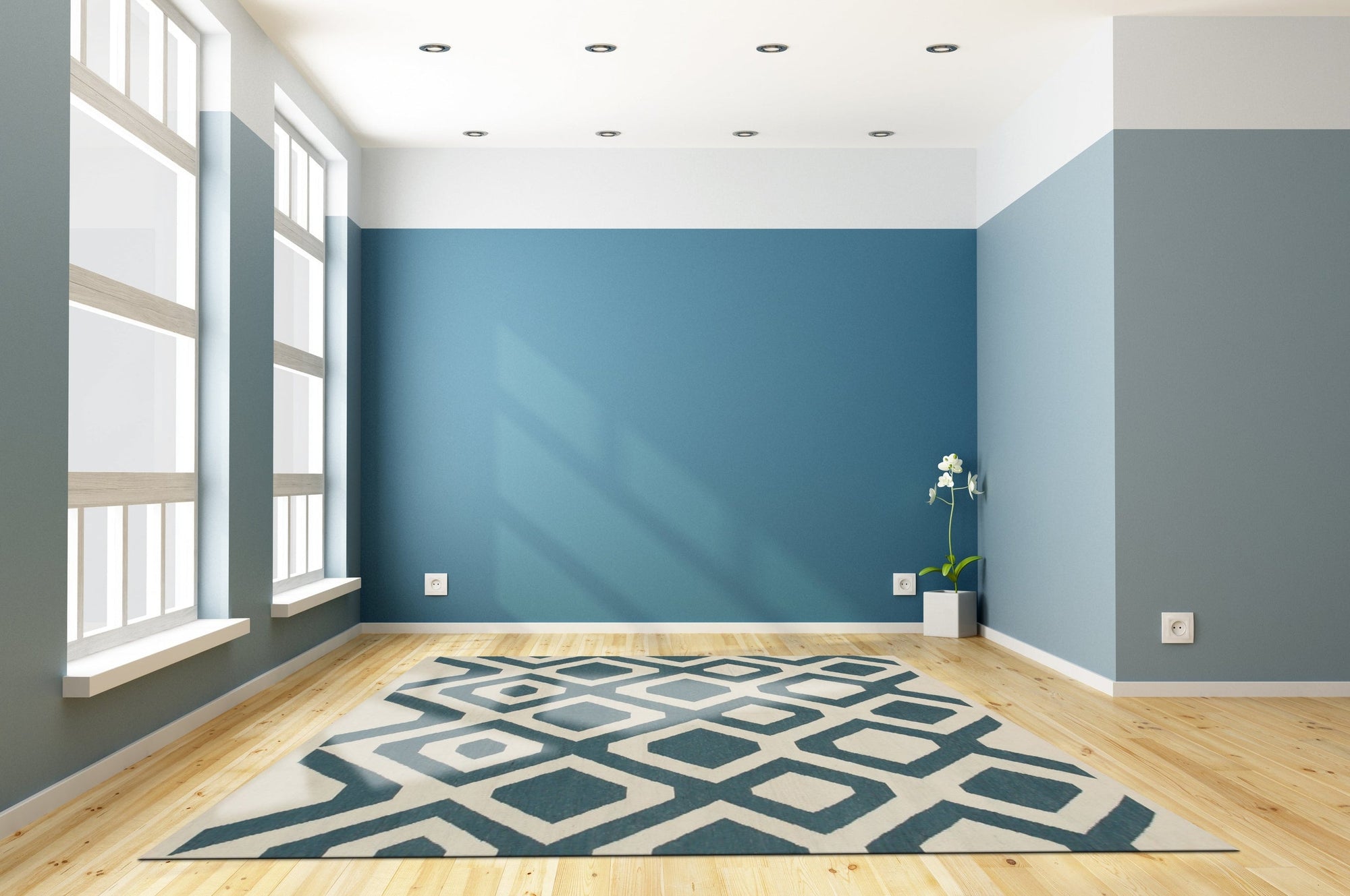 Opulent Kilim Blue Hand Knotted Rug, exhibiting intricate geometric patterns in shades of blue and ivory, displayed within a brightly lit interior.