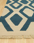 Opulent Kilim Blue Hand Knotted Rug, its intricate geometric patterns in deep blues, creams, and hints of rust, create a sophisticated and timeless design.