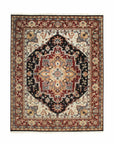 Isolated view of Ella Oriental Navy Hand Knotted Wool Rug, showcasing its intricate floral and geometric design in deep navy, cream, and hints of red.