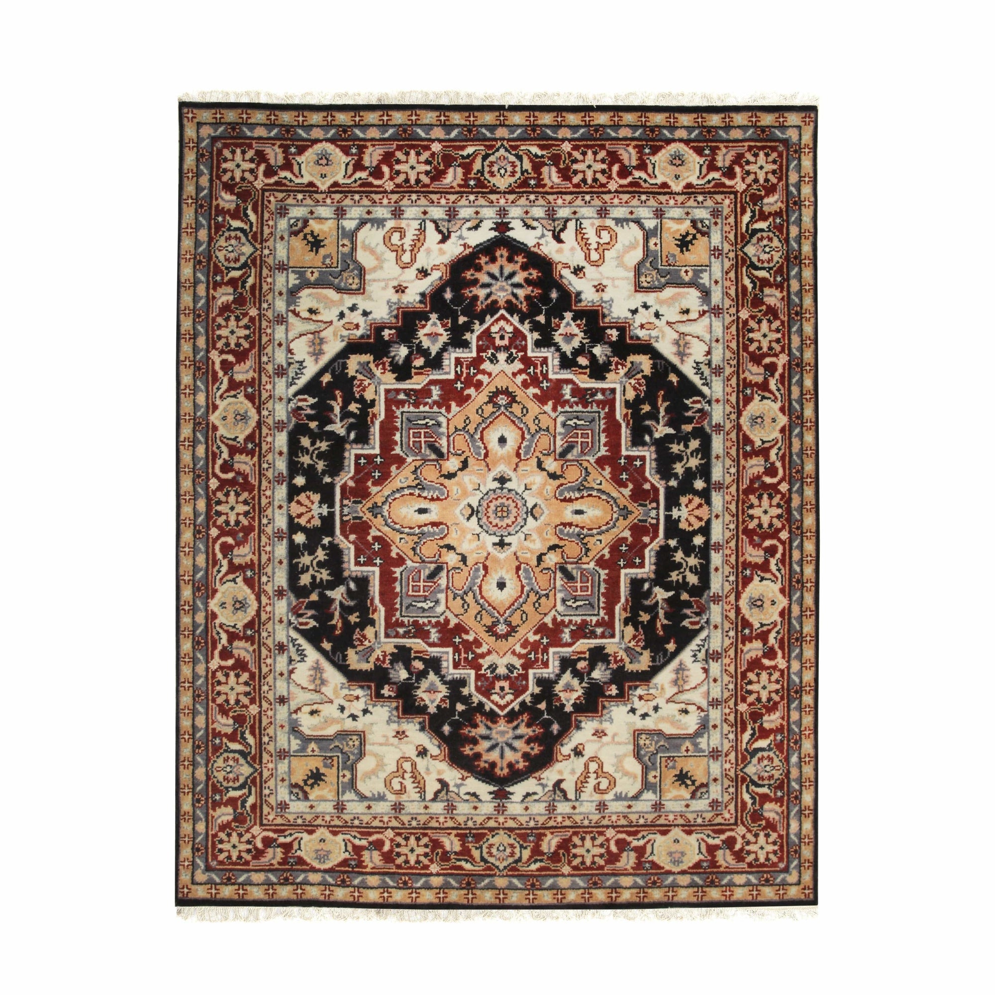 Isolated view of Inviting Oriental Navy Hand Knotted Wool Rug, showcasing its intricate floral and geometric design in deep navy, cream, and hints of red.