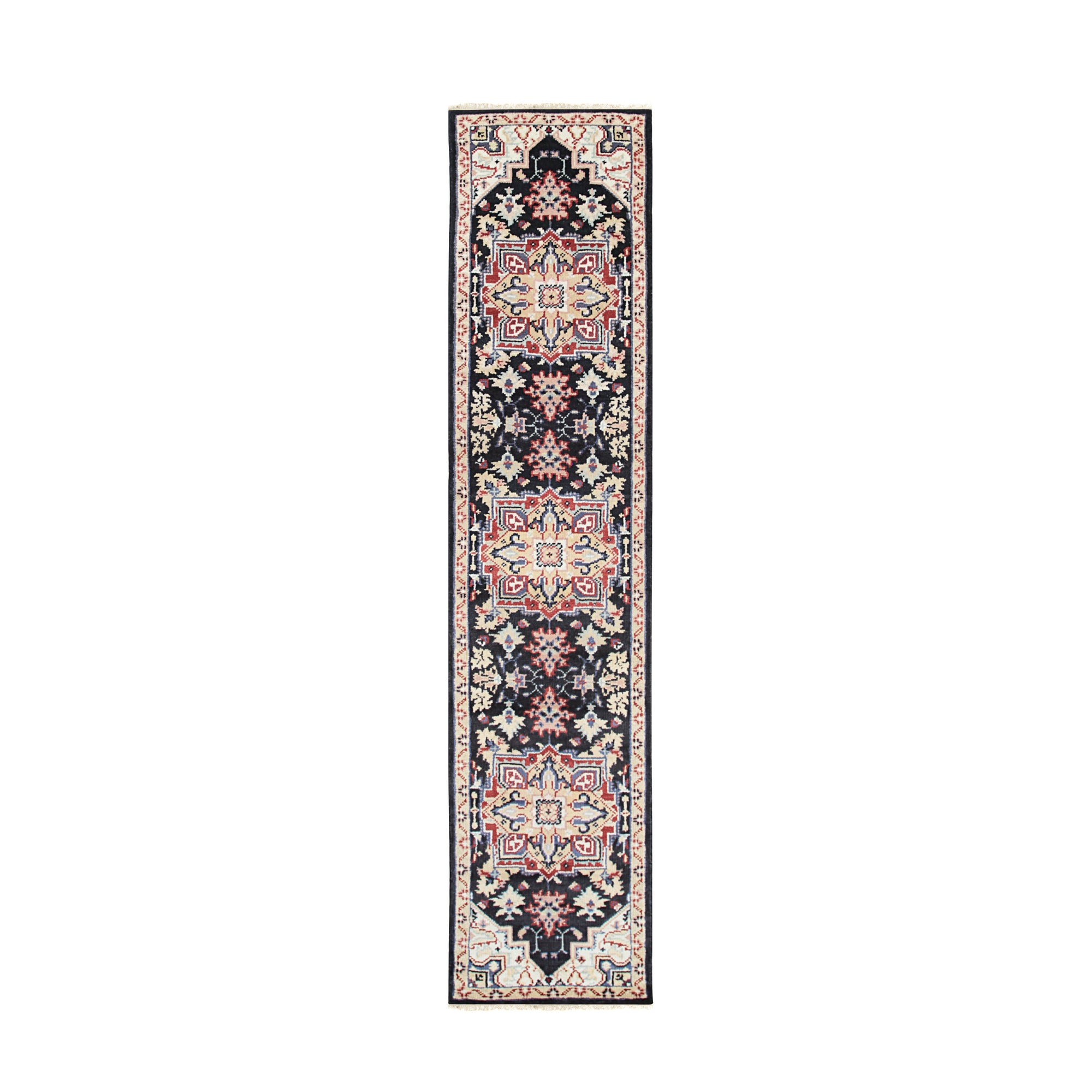Inviting Oriental Navy Hand Knotted Wool Rug, showcasing its intricate navy and ivory patterns, hand-knotted construction, and the warm ambiance it brings to the room.