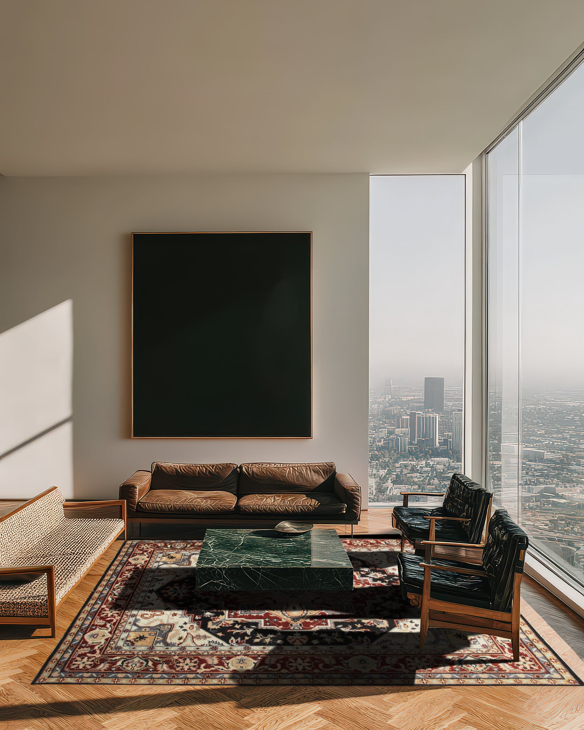 Hand-knotted wool Inviting Oriental Navy Rug, intricate floral patterns dance across deep navy field, hints of cream and terracotta accentuating traditional design, seen softly lit in a comfortable living space.