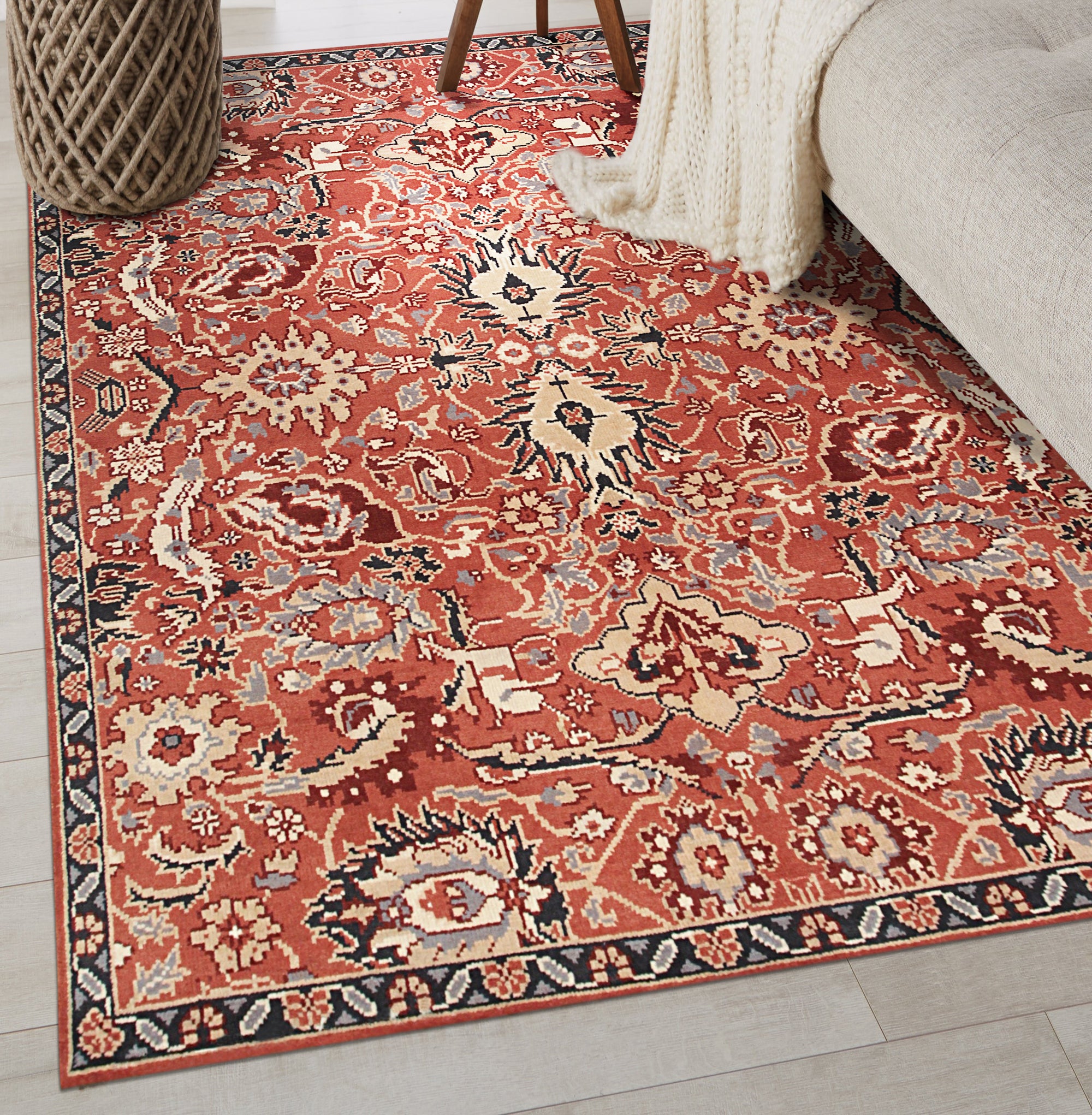 Lush Rustic Rust Hand Knotted Wool Rug, warm rust tones and subtle variations create a rustic texture in this hand-knotted wool rug, displayed on a hardwood floor.