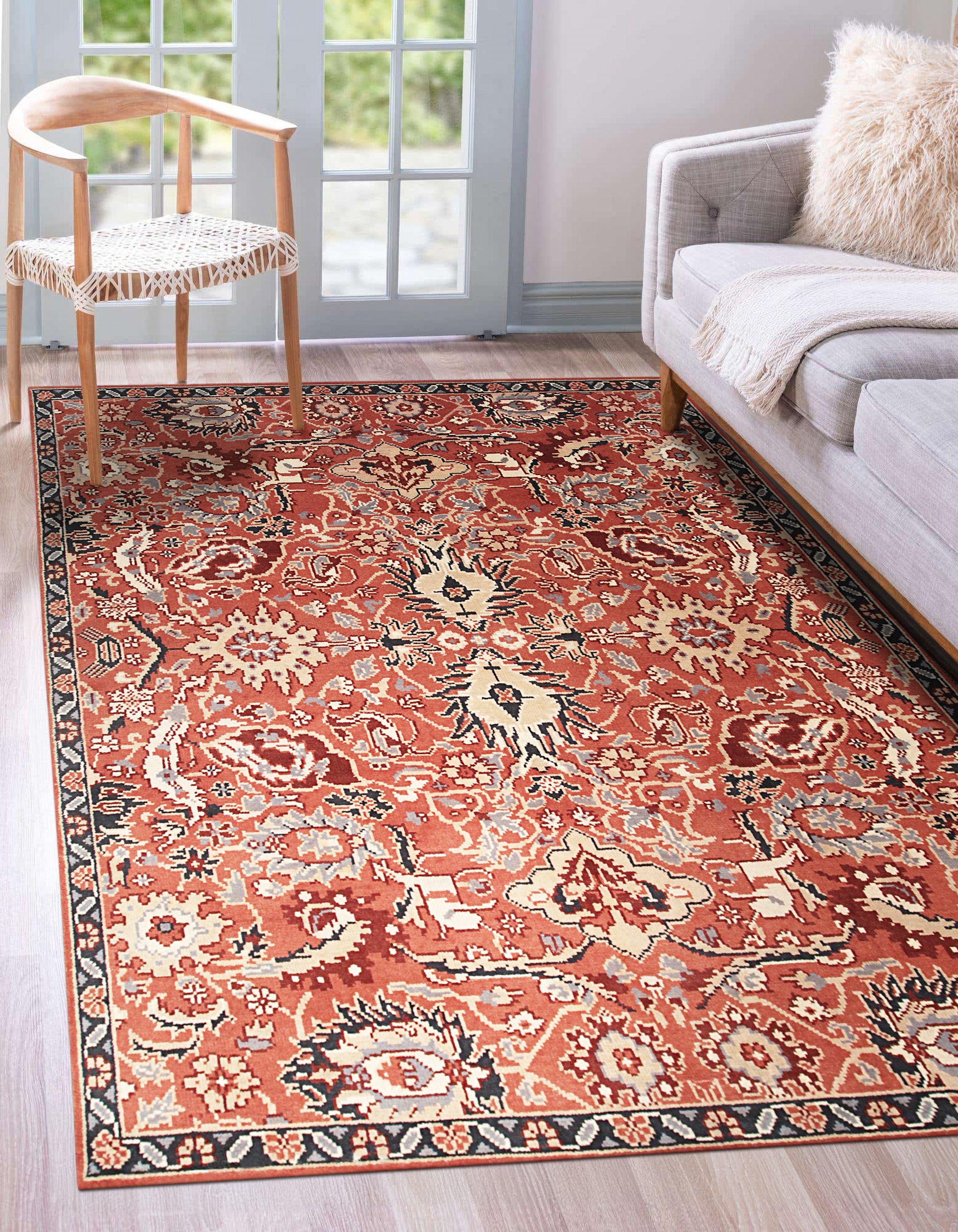 Lush Rustic Rust Hand Knotted Wool Rug, warm rust tones interweave in a textured, hand-knotted wool construction, creating a cozy and inviting floor covering.