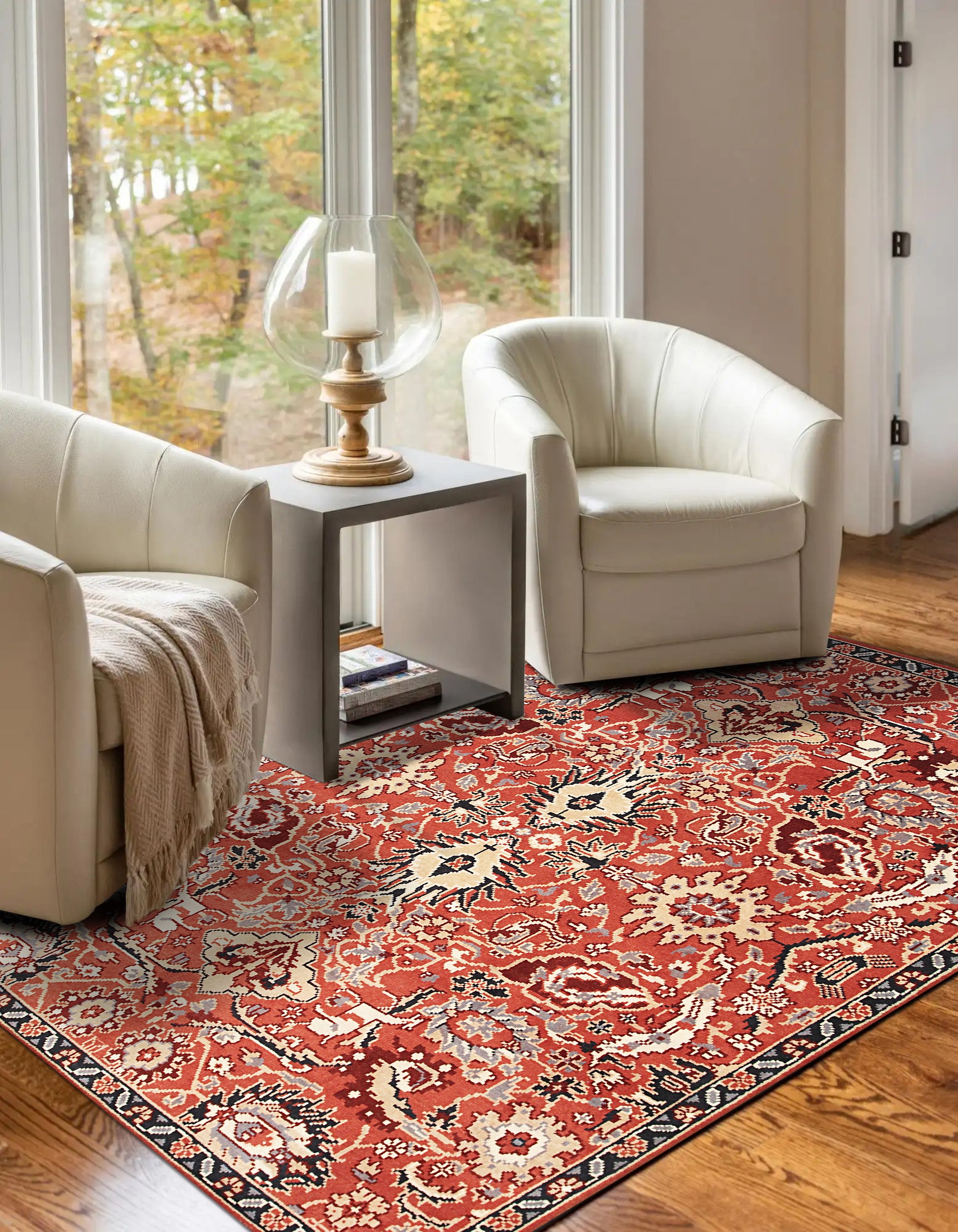 Lush Rustic Rust Hand Knotted Wool Rug, its warm rust tones and textured wool construction radiating rustic charm within a bright, airy living space, positioned fifth in a product series.
