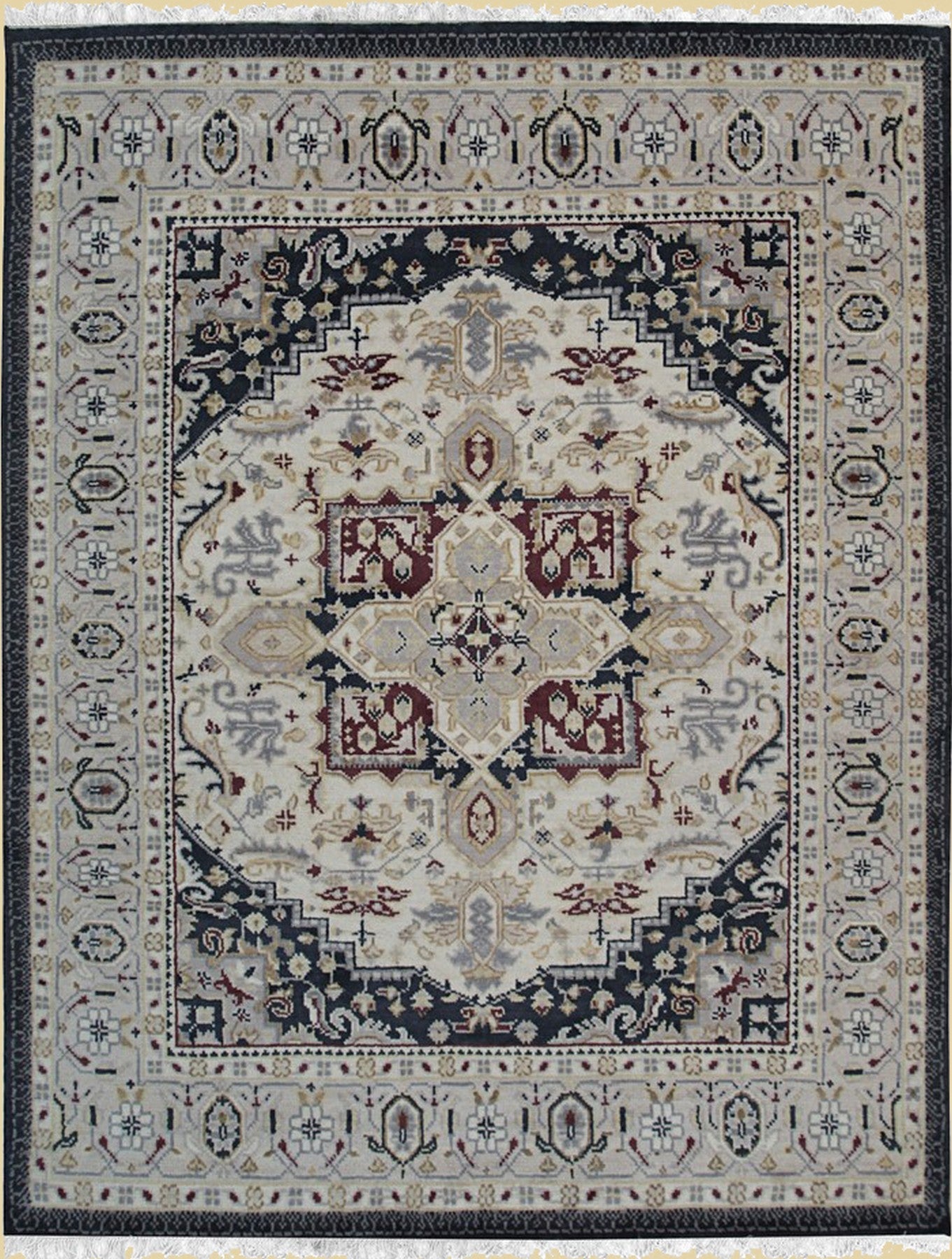 Isolated view of Luxurious Traditional Beige Hand Knotted Wool Rug, showcasing its intricate floral and geometric design.
