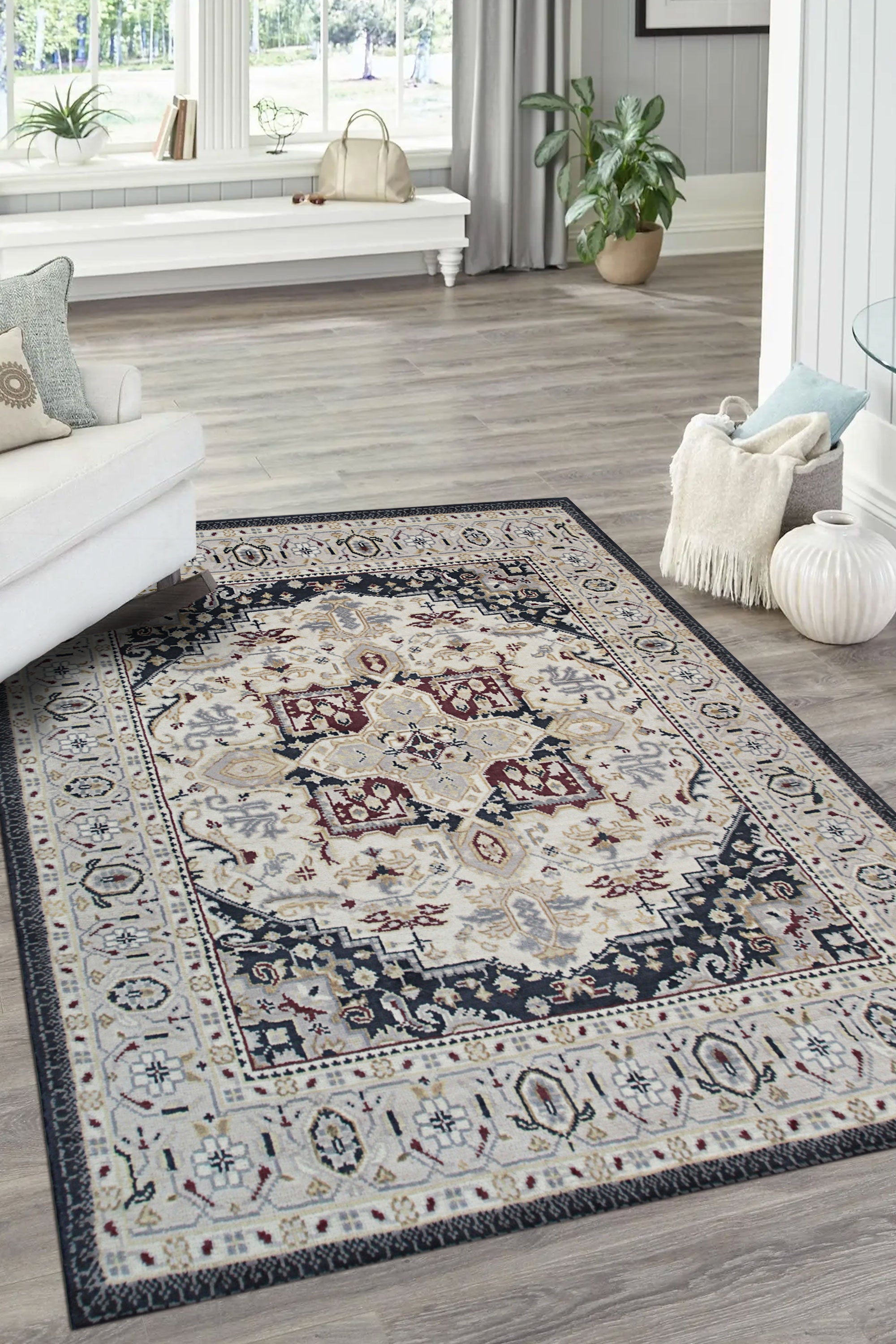 Luxurious Traditional Beige Hand Knotted Wool Rug, showcasing its intricate floral design and subtle texture in a room setting, radiating warmth and classic elegance.