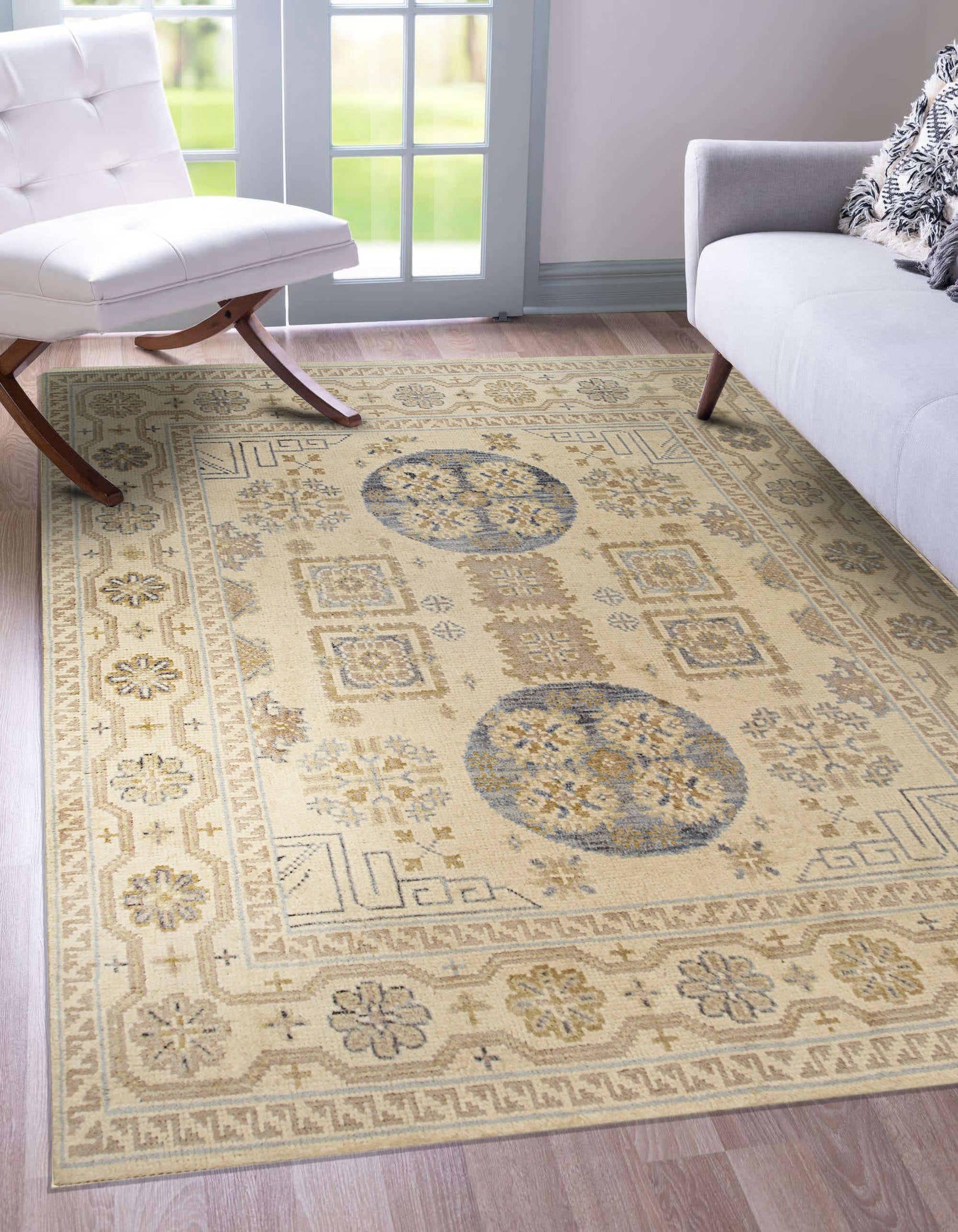 Ava Sophie Beige Hand Knotted Wool Rug, showcasing intricate texture and subtle beige hues, gracefully anchors a modern living space with a neutral palette.