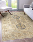 Ava Sophie Beige Hand Knotted Wool Rug, showcasing intricate texture and subtle beige hues, gracefully anchors a modern living space with a neutral palette.