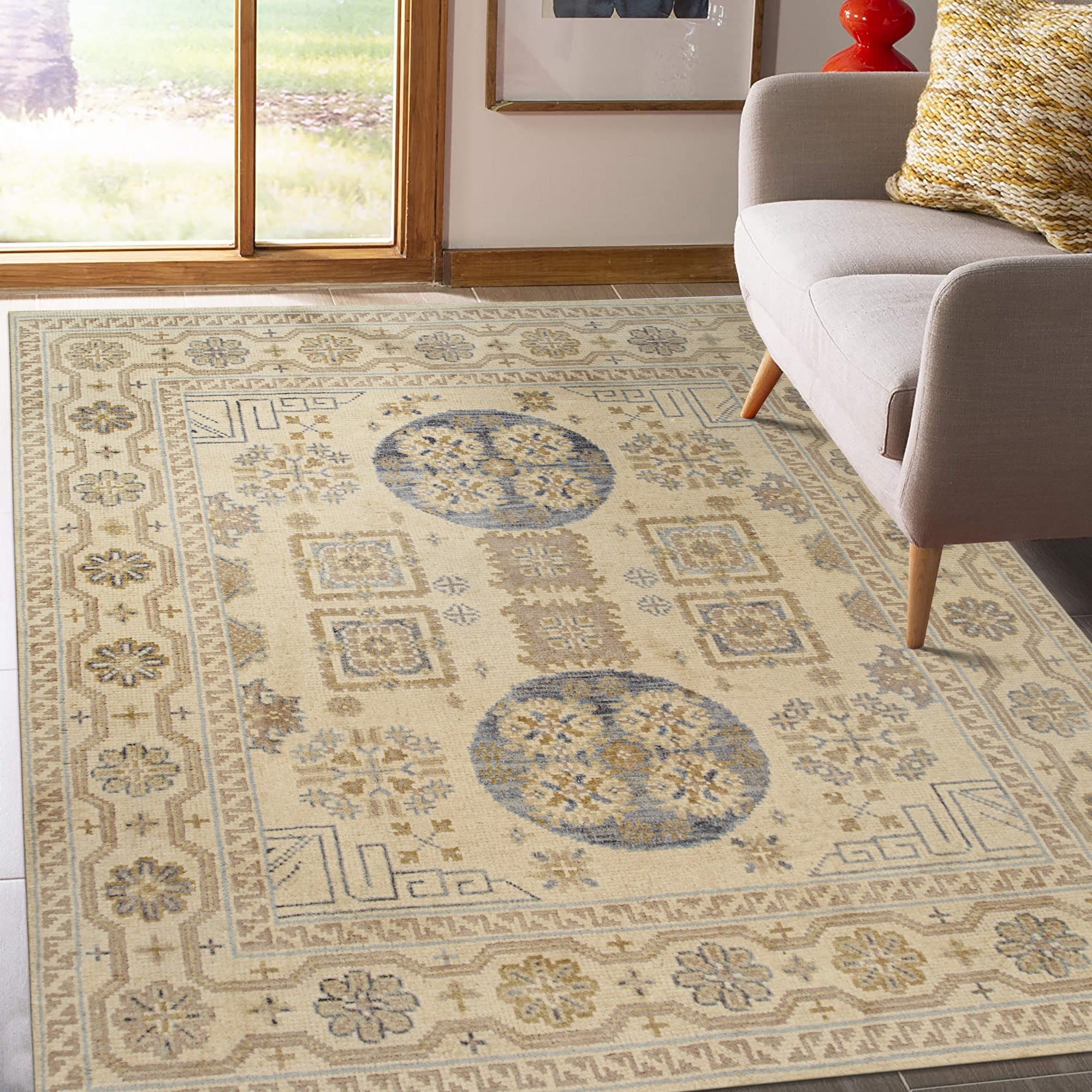 Ava Sophie Beige Hand Knotted Wool Rug, warm beige tones and subtle textural details create an inviting atmosphere in this living space.