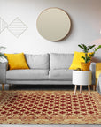 Chloe Trara Red Hand Knotted Wool Rug, a vibrant red wool rug with a traditional, intricate pattern, anchoring a contemporary living room space with a light sofa and natural light.
