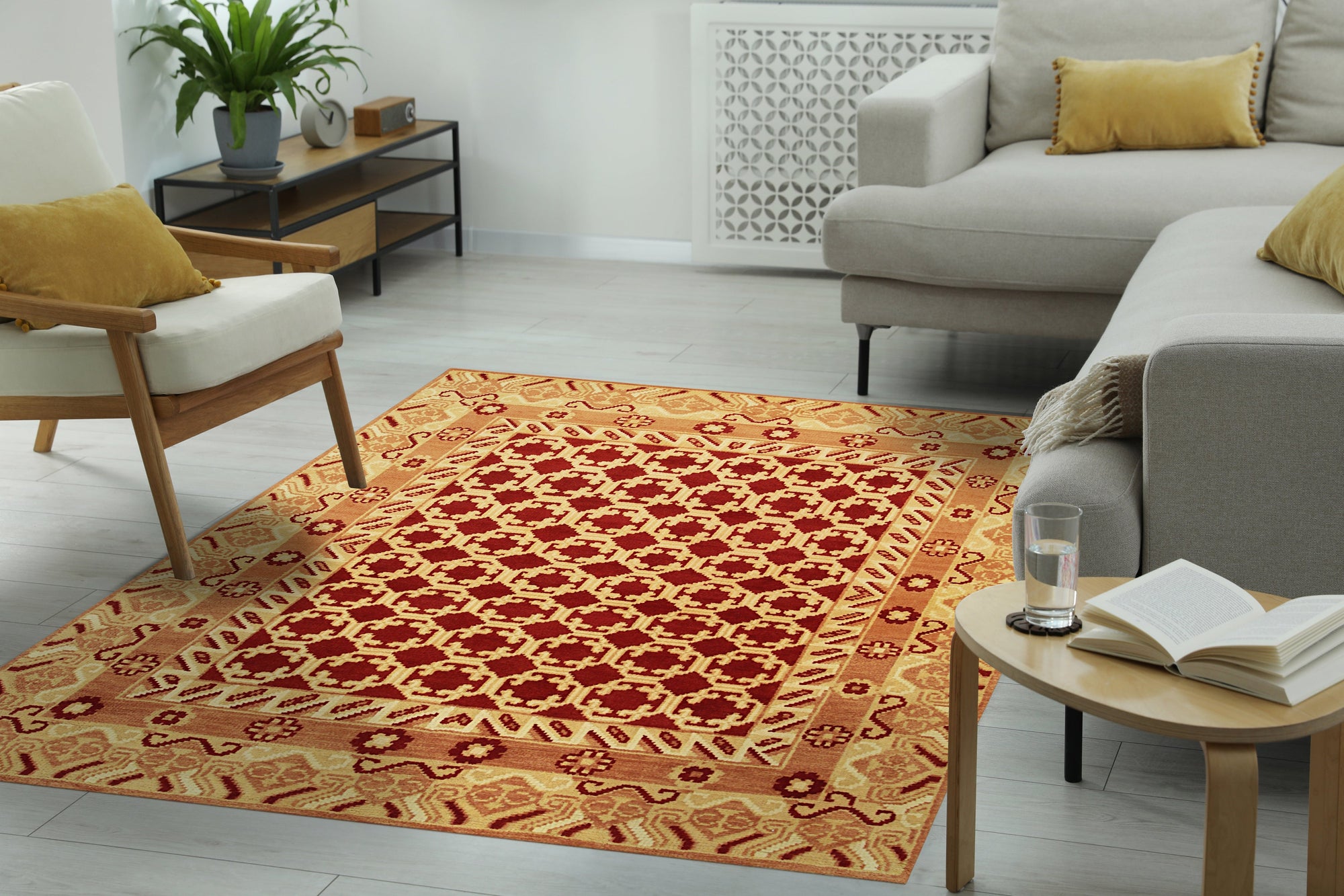 Chloe Trara Red Hand Knotted Wool Rug, a richly colored red wool rug with a traditional design, seen in a styled room setting.