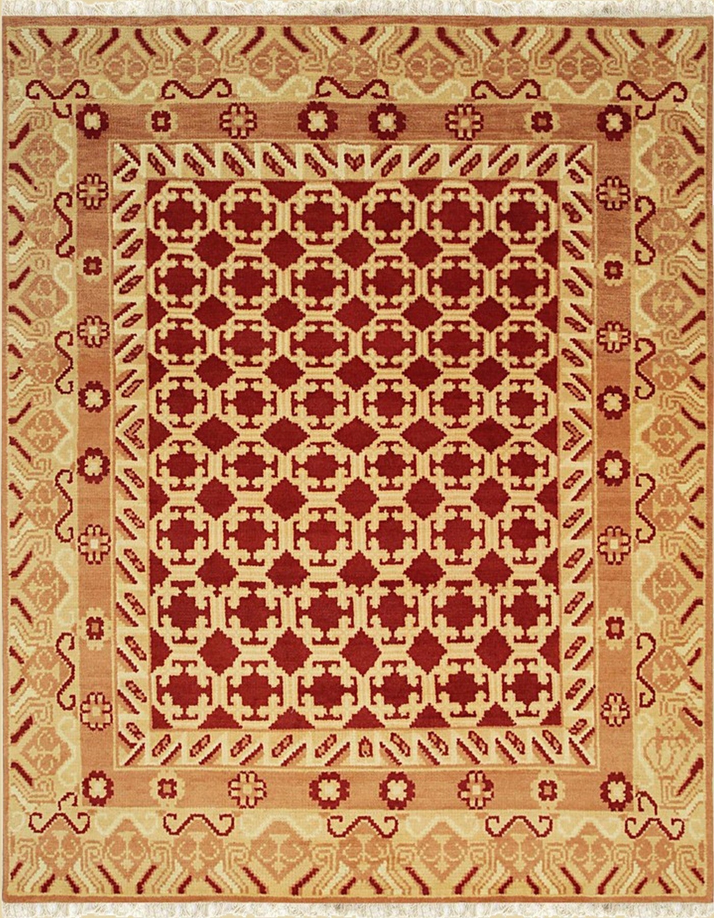 Isolated view of Chloe Trara Red Hand Knotted Wool Rug, showcasing its intricate, geometric design in vibrant red.