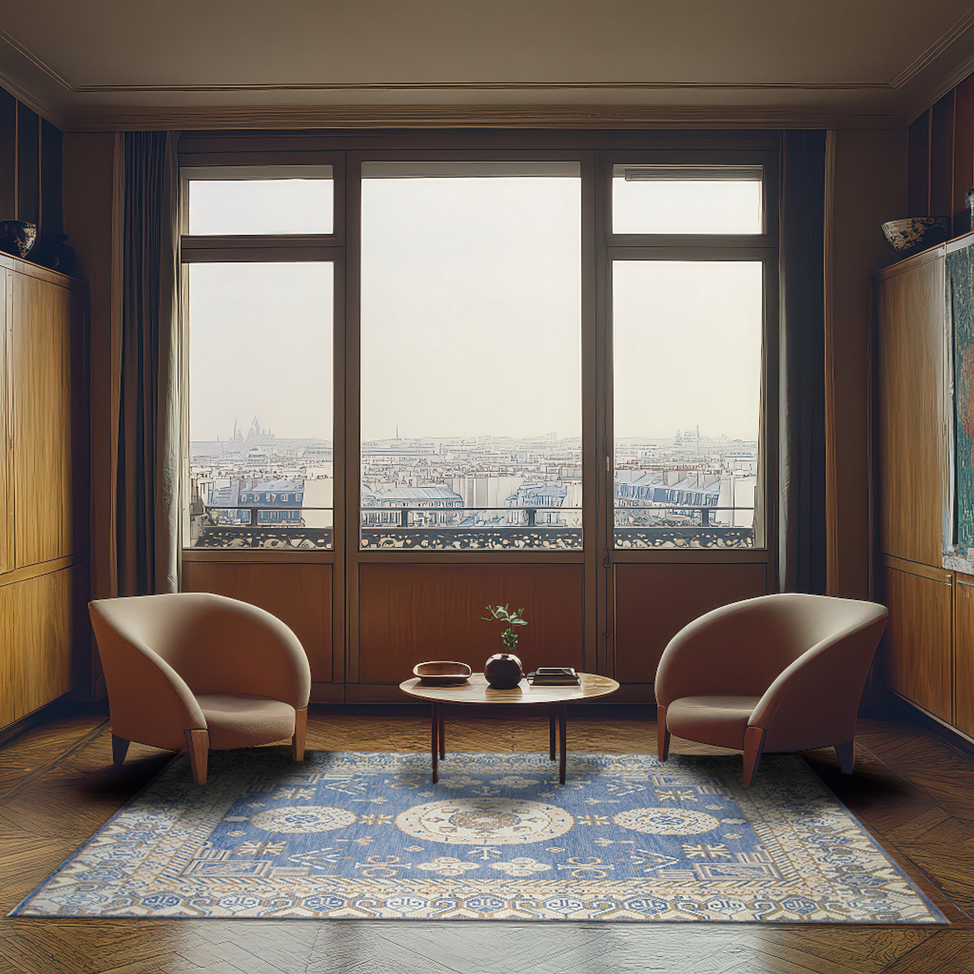 Handcrafted Traditional Blue Hand Knotted Wool Rug, featuring intricate geometric patterns in shades of blue and cream, displayed in a brightly lit living room setting.